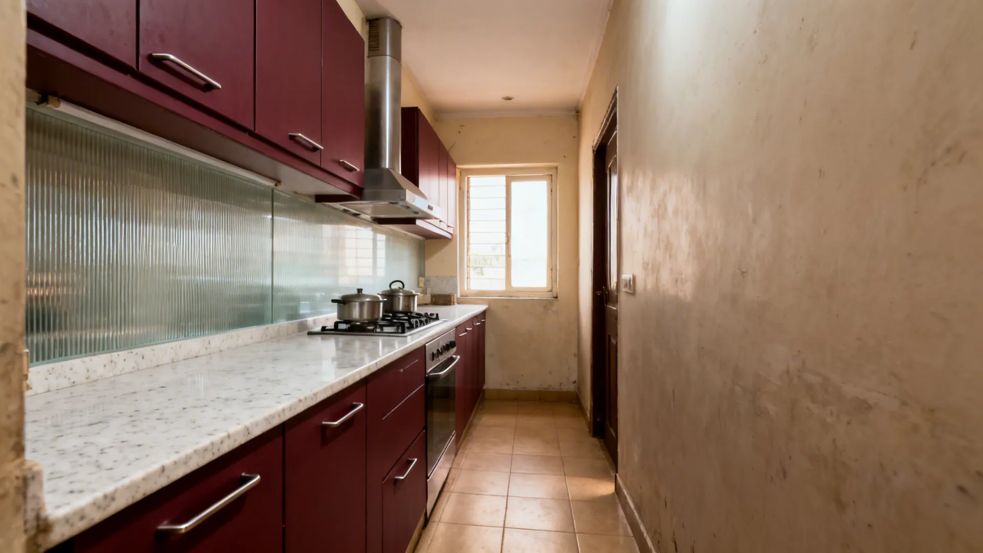 Slab fronts with integrated handles for narrow galley kitchens