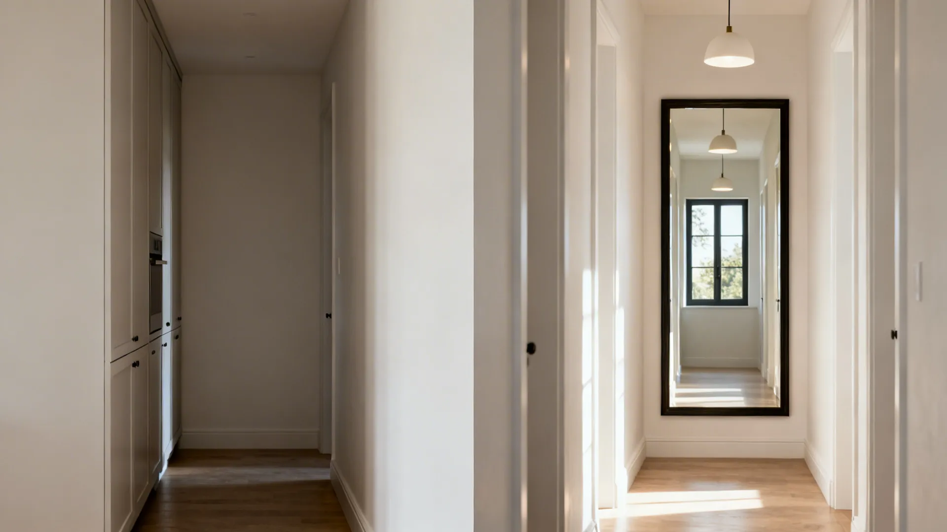Before-and-after of a galley kitchen showing how a full-height mirror widens and brightens the corridor.