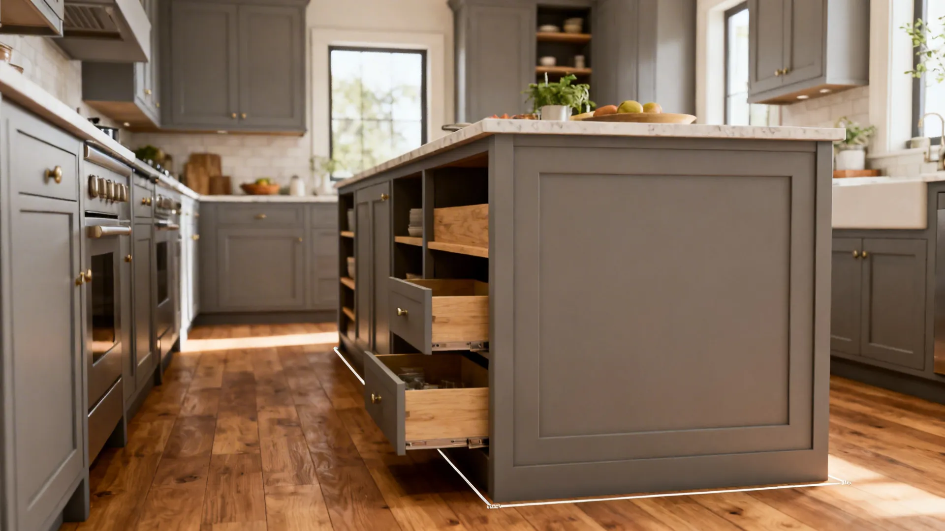 Modern kitchen with grey cabinets wood floors and a center island featuring open storage drawers