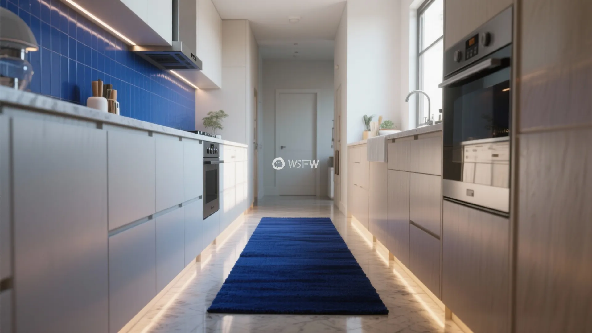 Modern galley kitchen with white cabinets blue wall tiles and long navy blue floor rug