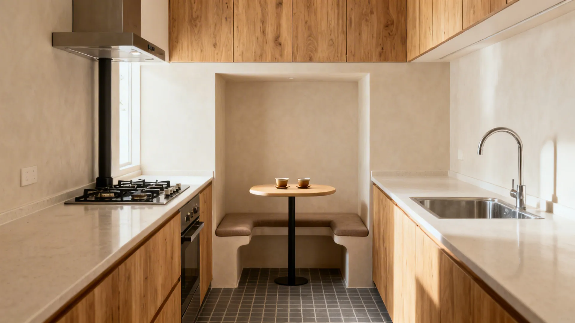 Minimal-Width Galley with Niche Seating