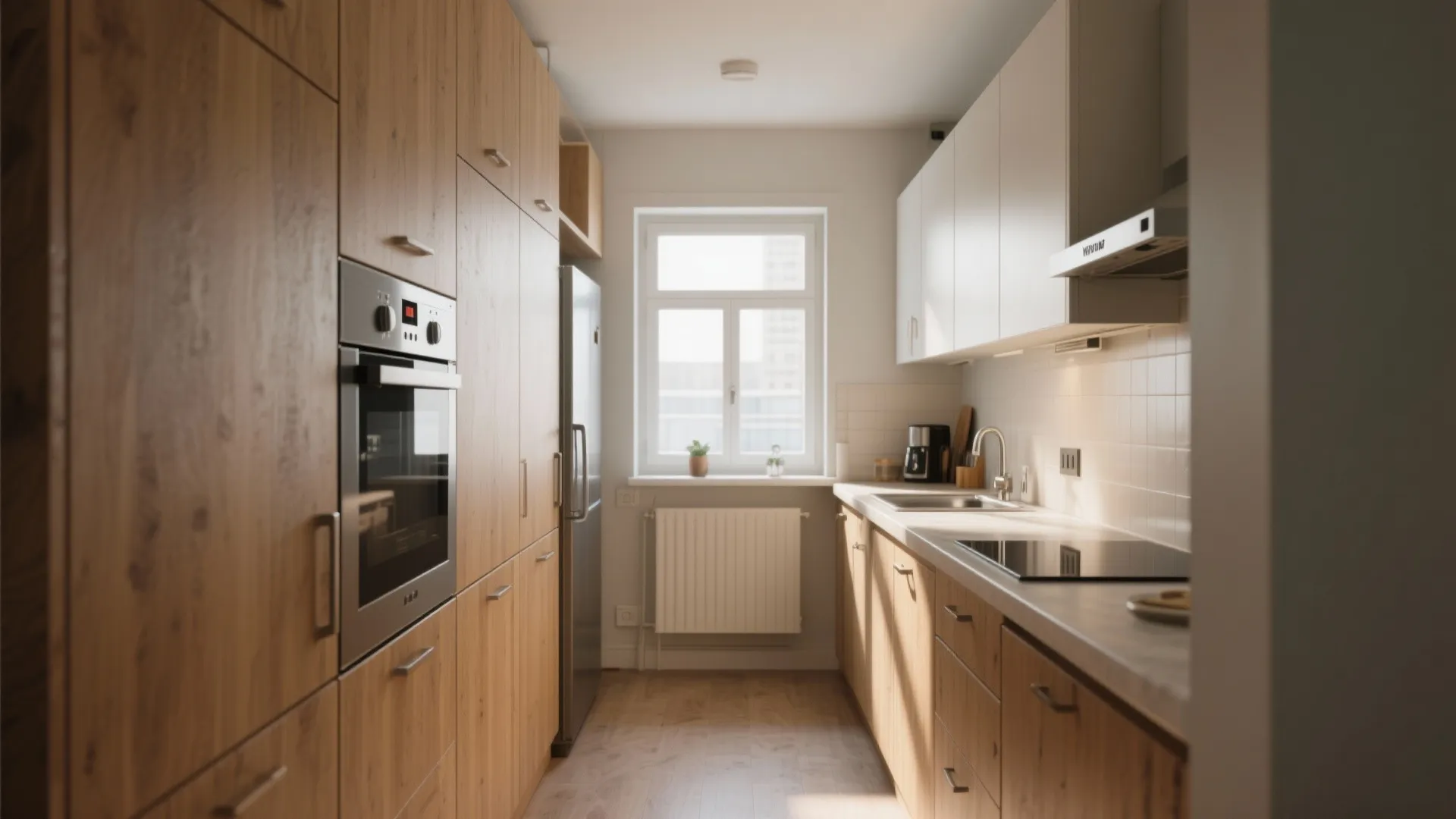 Small galley kitchen with wood cabinets white upper cabinets built in oven and narrow window