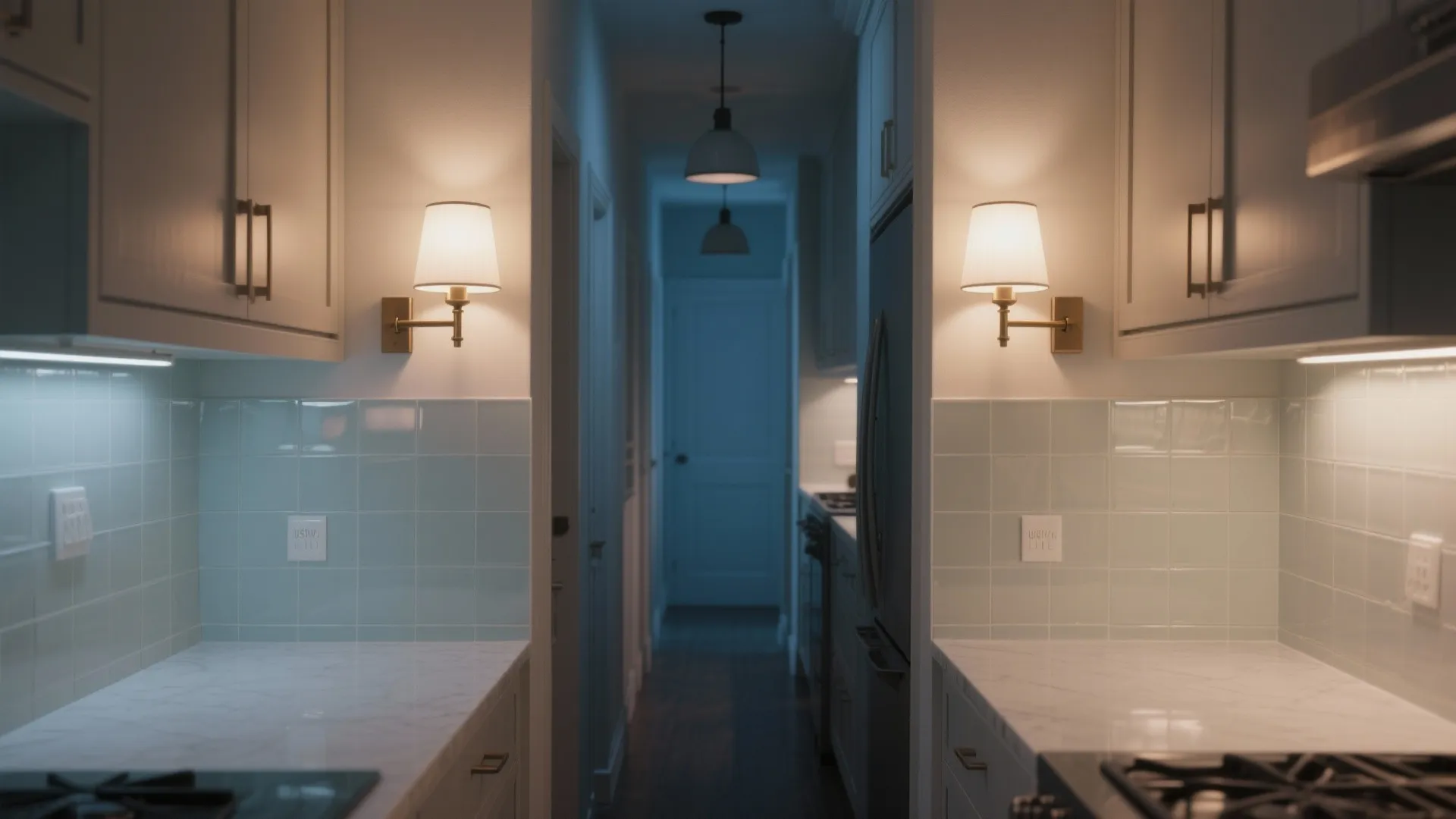 Glass shades for diffuse ambient glow in narrow galley kitchens