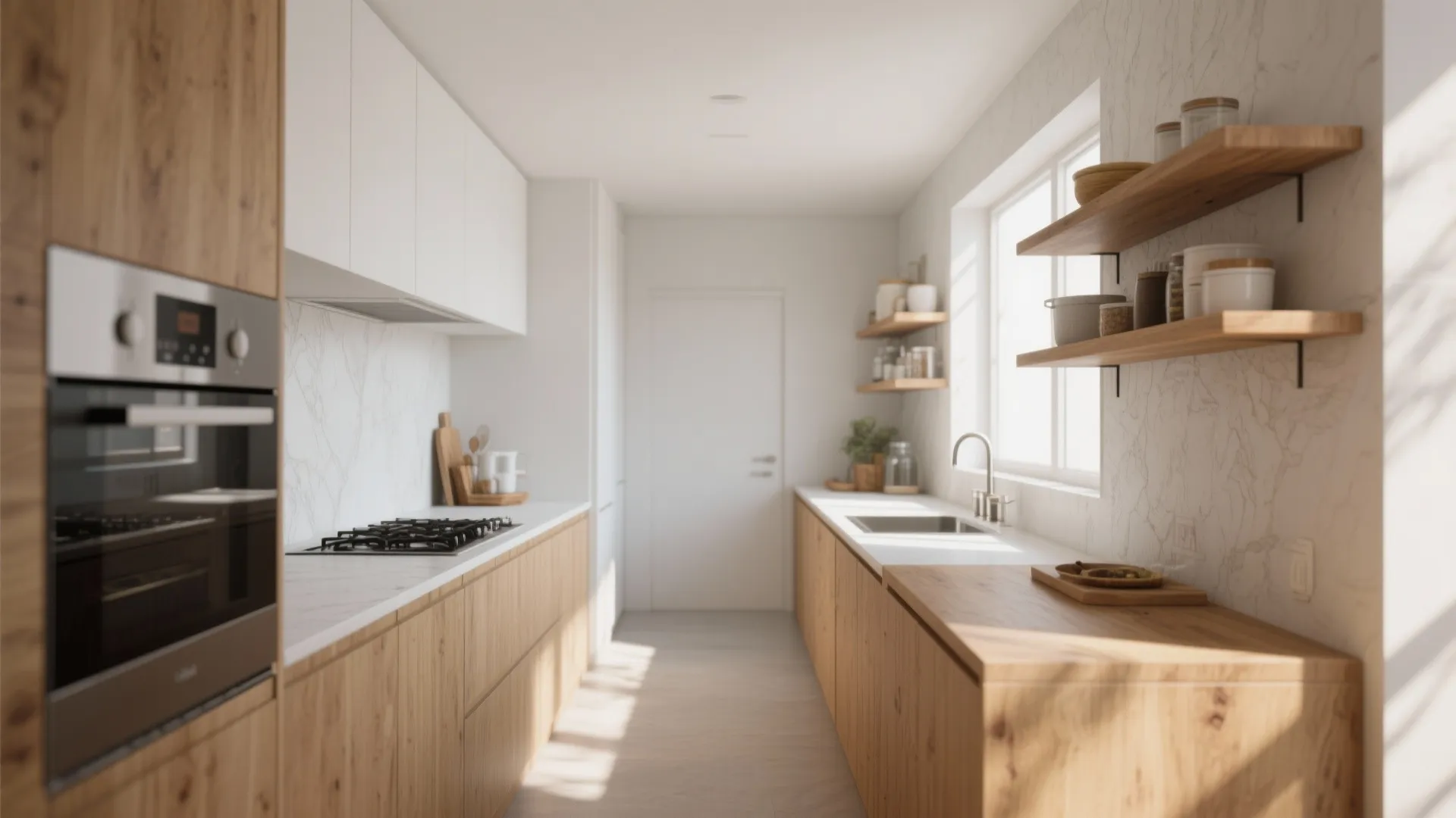 Bright galley kitchen with light wood cabinets white countertops open wall shelves and large window area