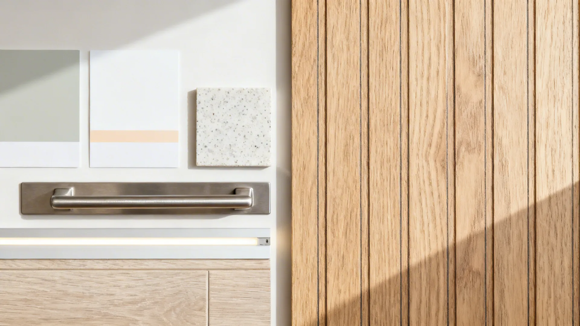 Flat lay of greige paint, warm white, oak veneer, light quartz, light wood flooring, and 3000K LED sample.