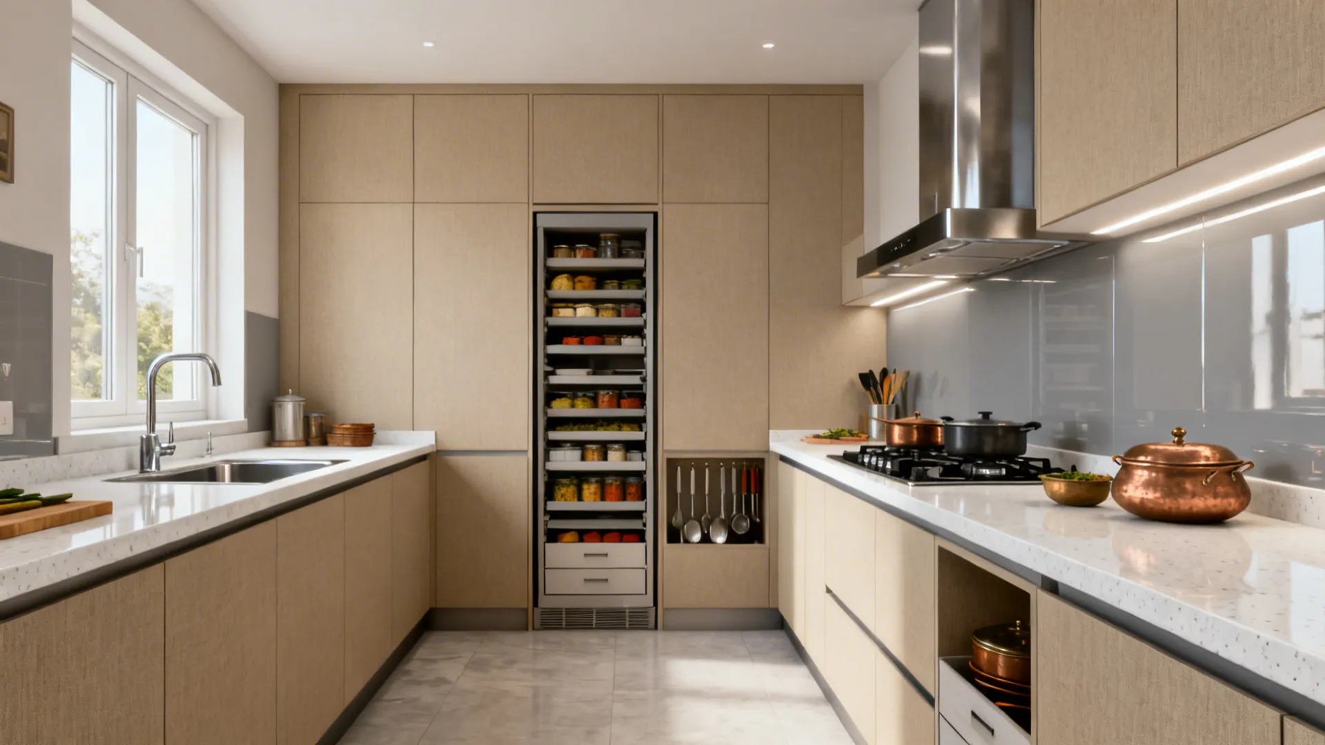 Compact Indian galley kitchen with parallel counters and a clear 1 m aisle.