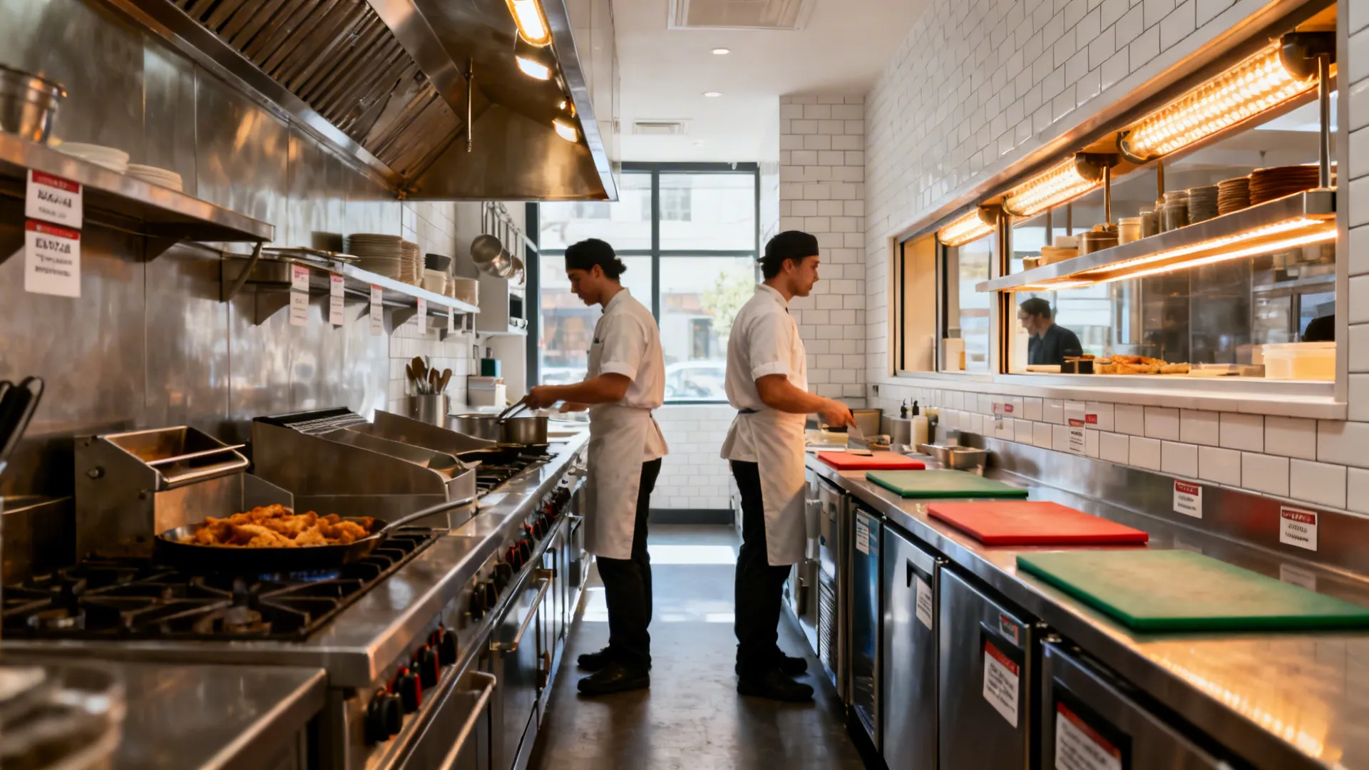 Galley kitchen with hot line opposite cold prep and a pass-through window for rapid service.