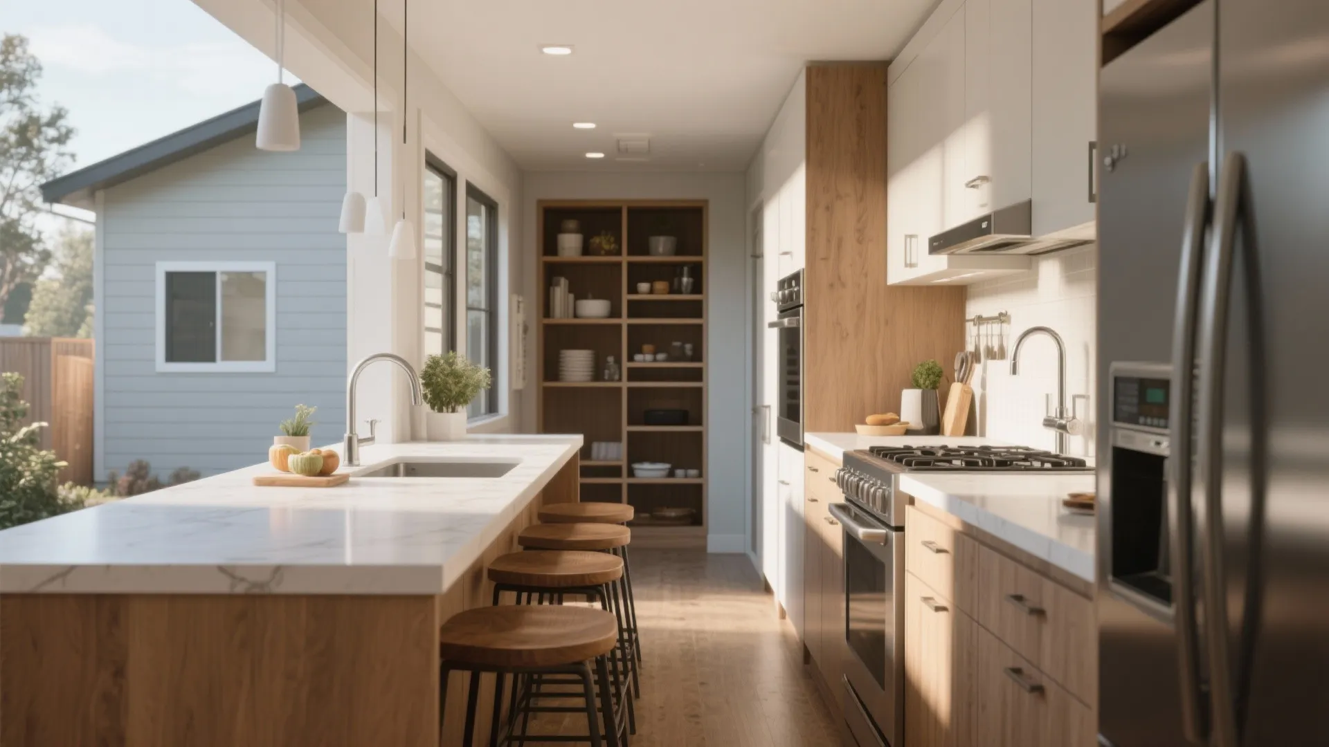 Kitchen interior design with marble counter stools wooden cabinets oven and view of the garden