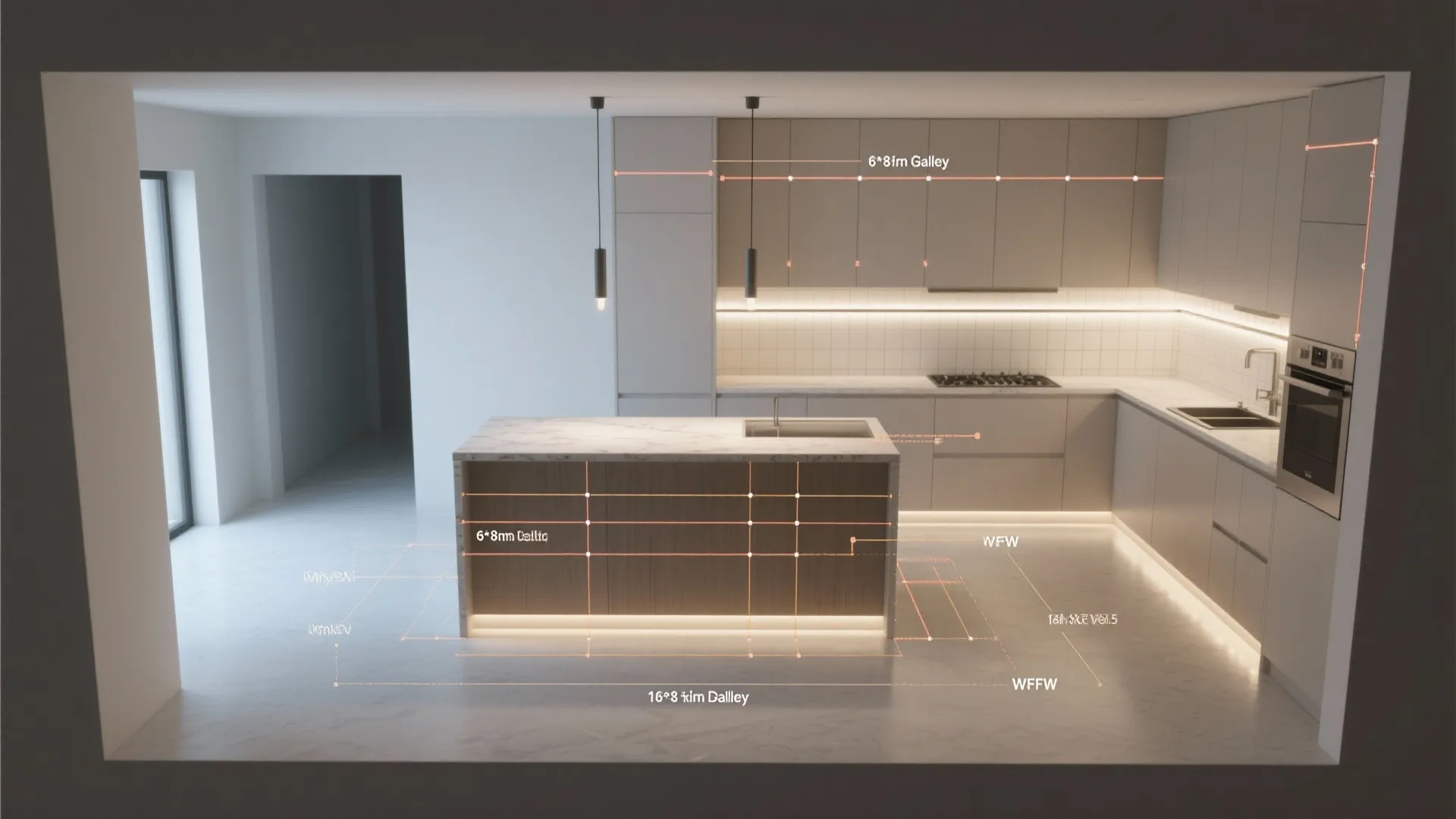 Top-down visual plan of a 6x8 galley kitchen showing recessed lights, pendant placement, and under-cabinet LED runs.