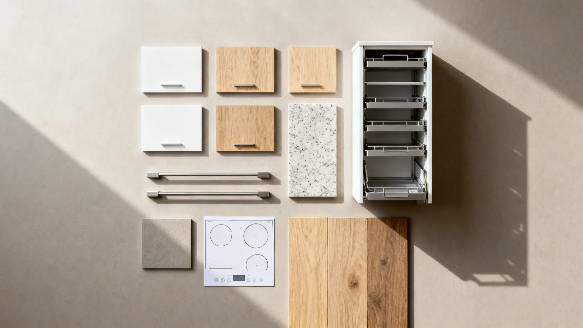 Material chips and hardware arranged for a compact galley kitchen plan.