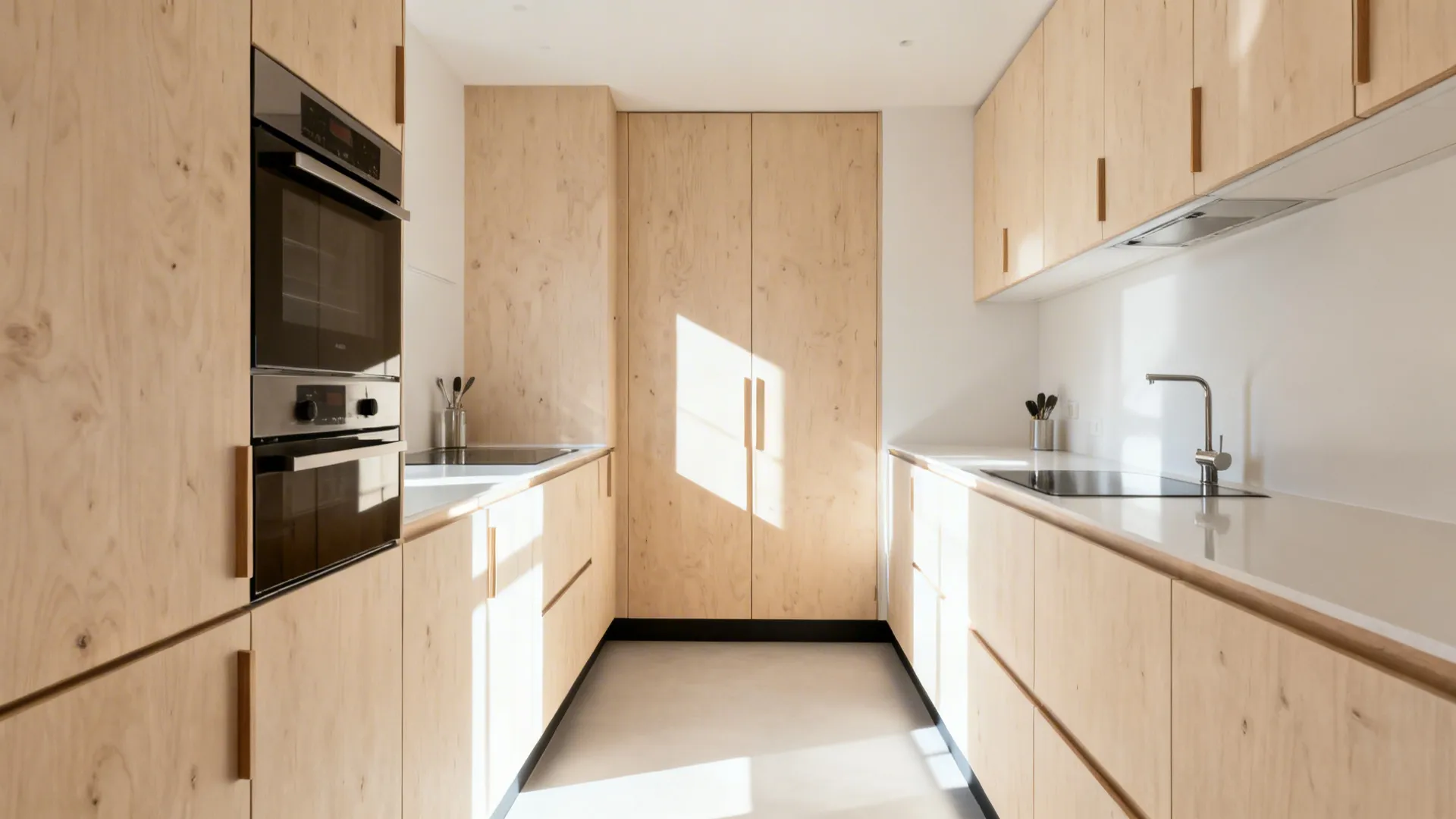 Scandinavian galley kitchen with birch plywood slab doors and exposed edges in soft daylight.