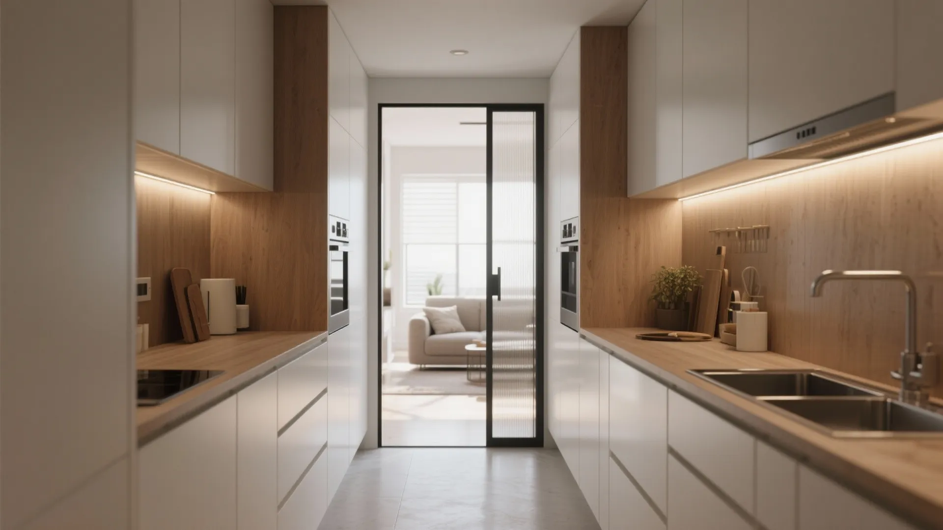 2. Galley kitchen with sliding or pocket doors