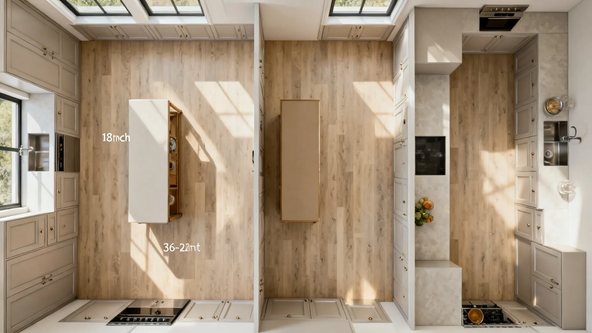 Top-view sequence showing a galley upgraded with a slim center console and clearer aisles.