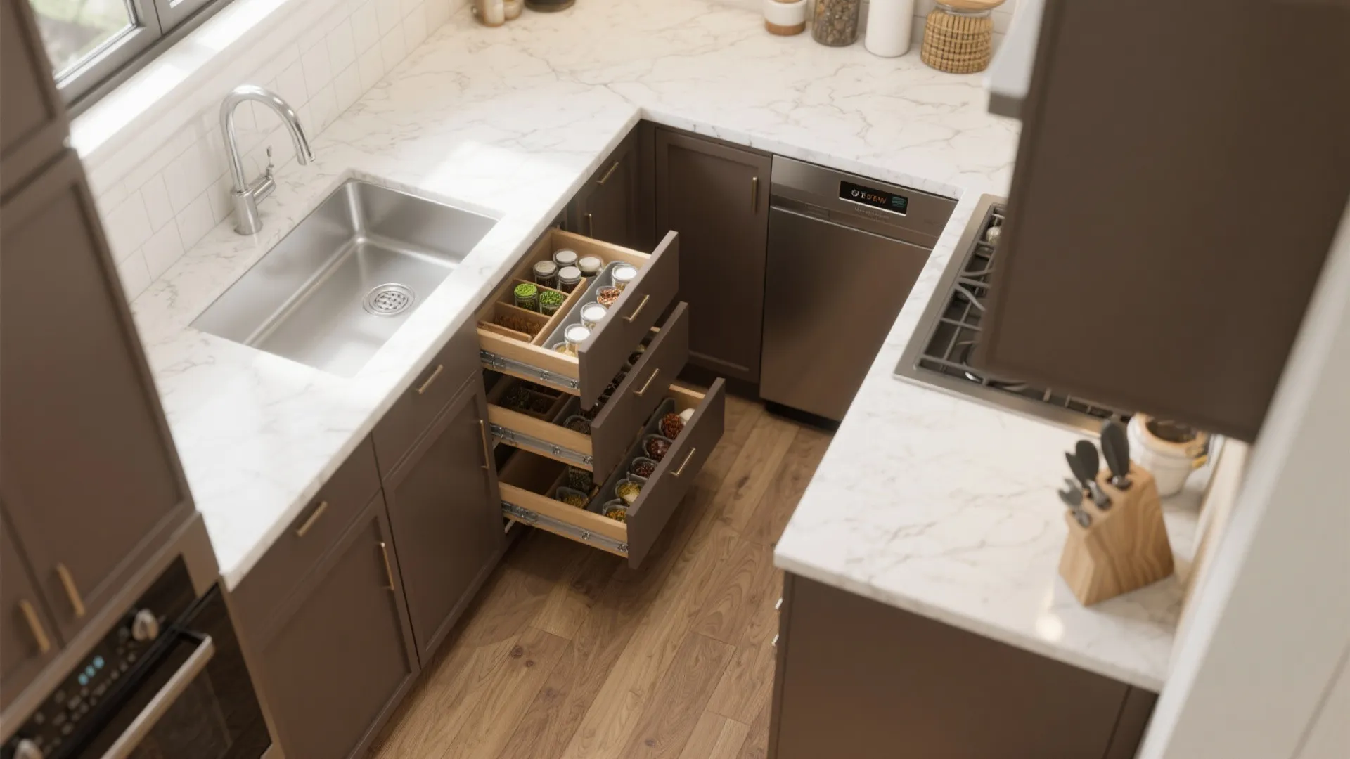 Modern brown kitchen cabinets with open pull out spice racks white marble counters and silver sink