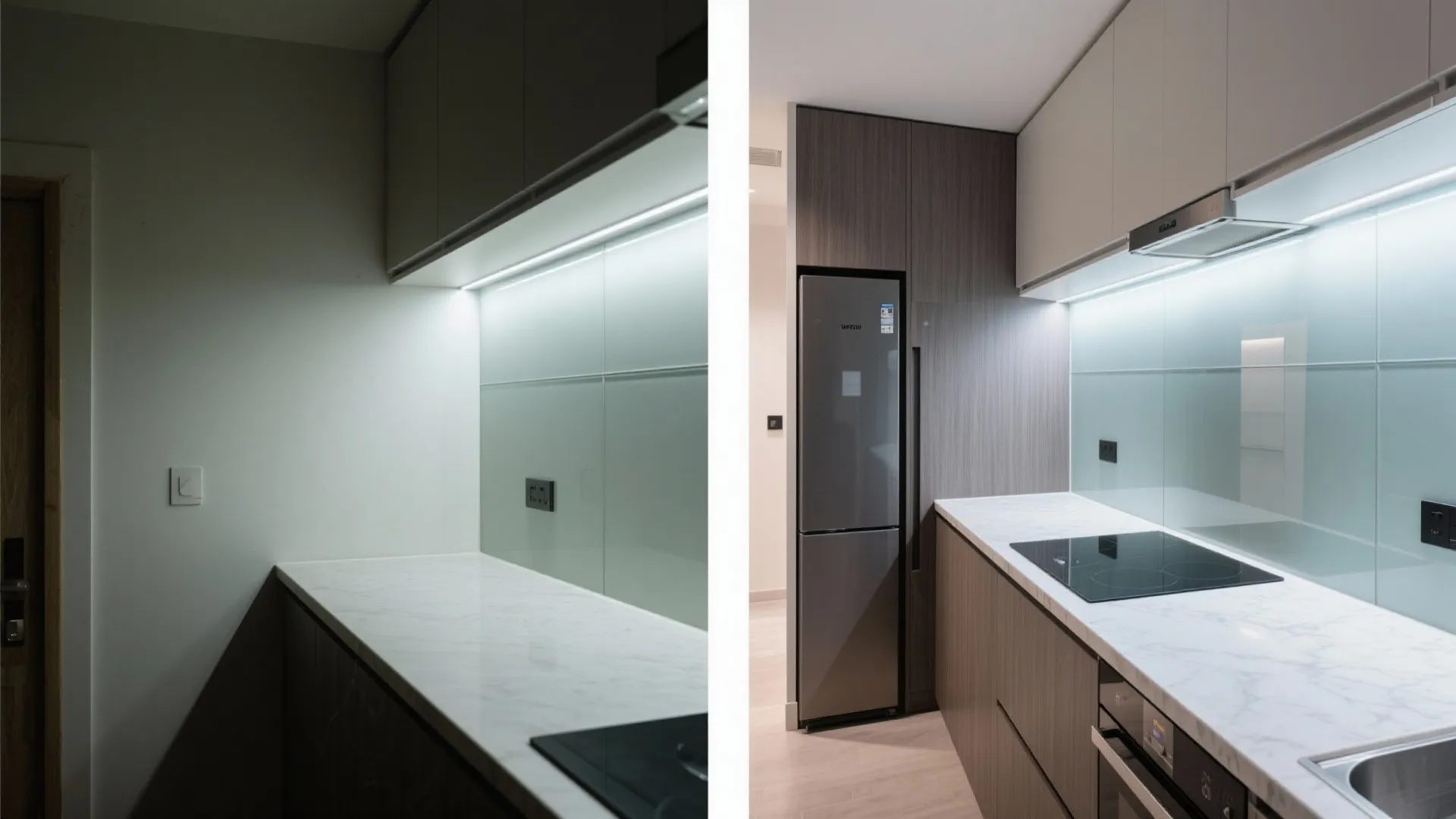 Galley-kitchen refresh: lighting, backsplash, and a pantry column