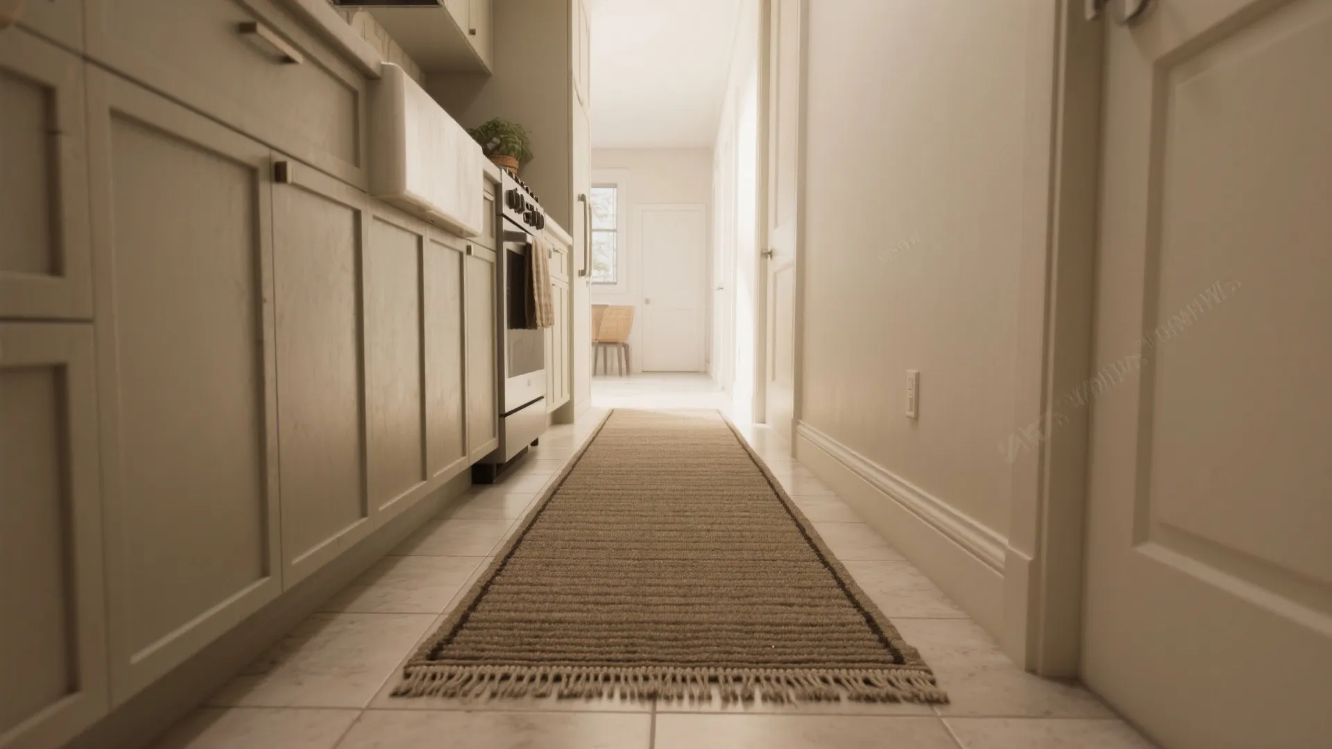 Long brown textured rug placed in a narrow kitchen aisle with white cabinets and floor