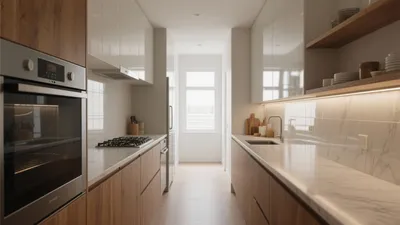 Modern Galley Kitchen with Wood & Marble Accents