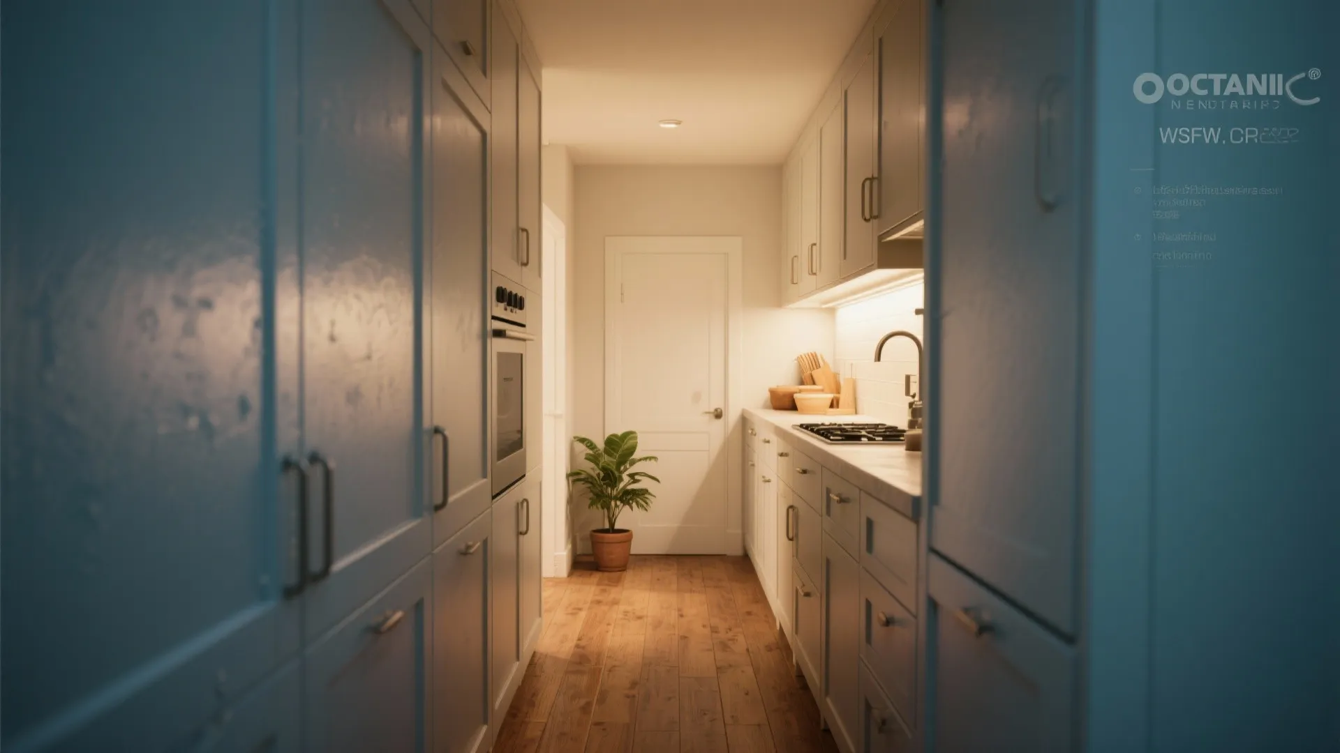 Narrow galley kitchen layout with blue cabinets wooden floor white door and small green potted plant