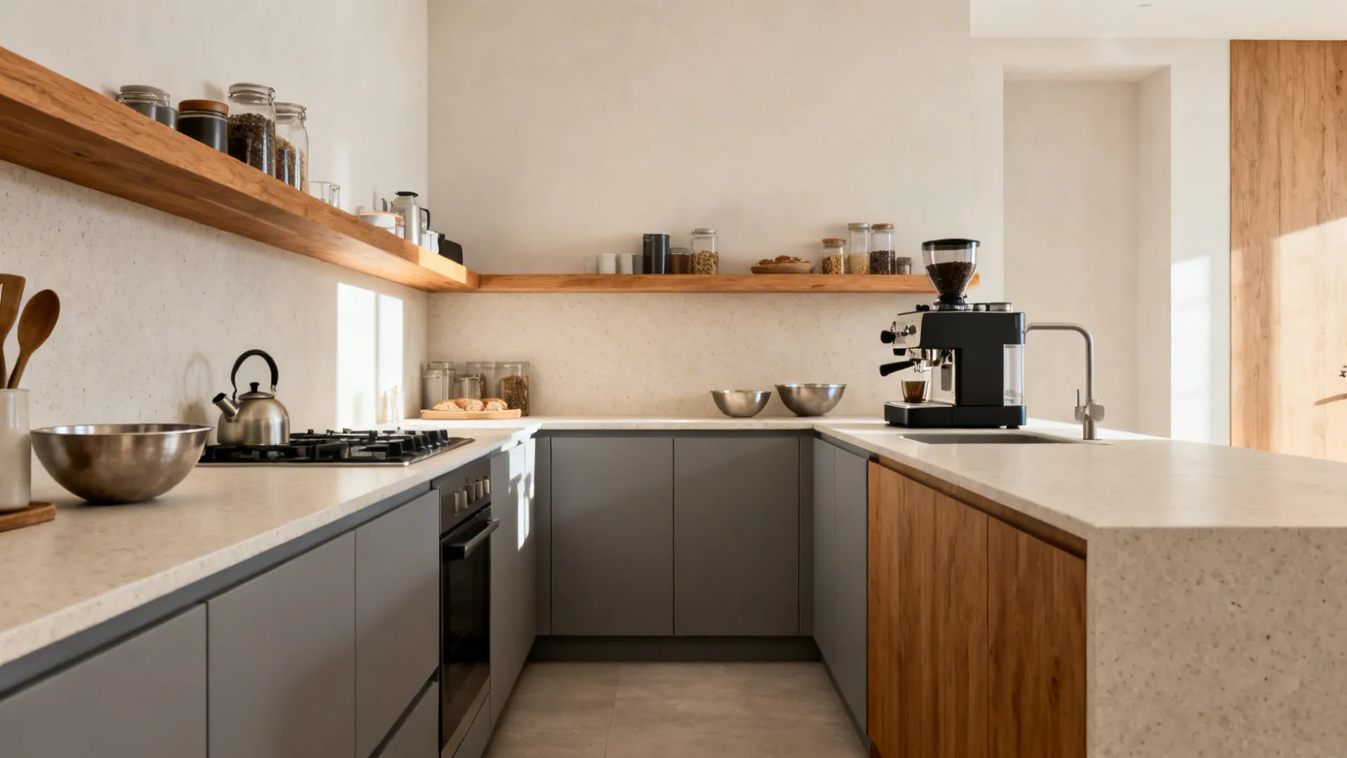 Galley kitchen with a short L-shaped return creating a compact coffee and bake station.