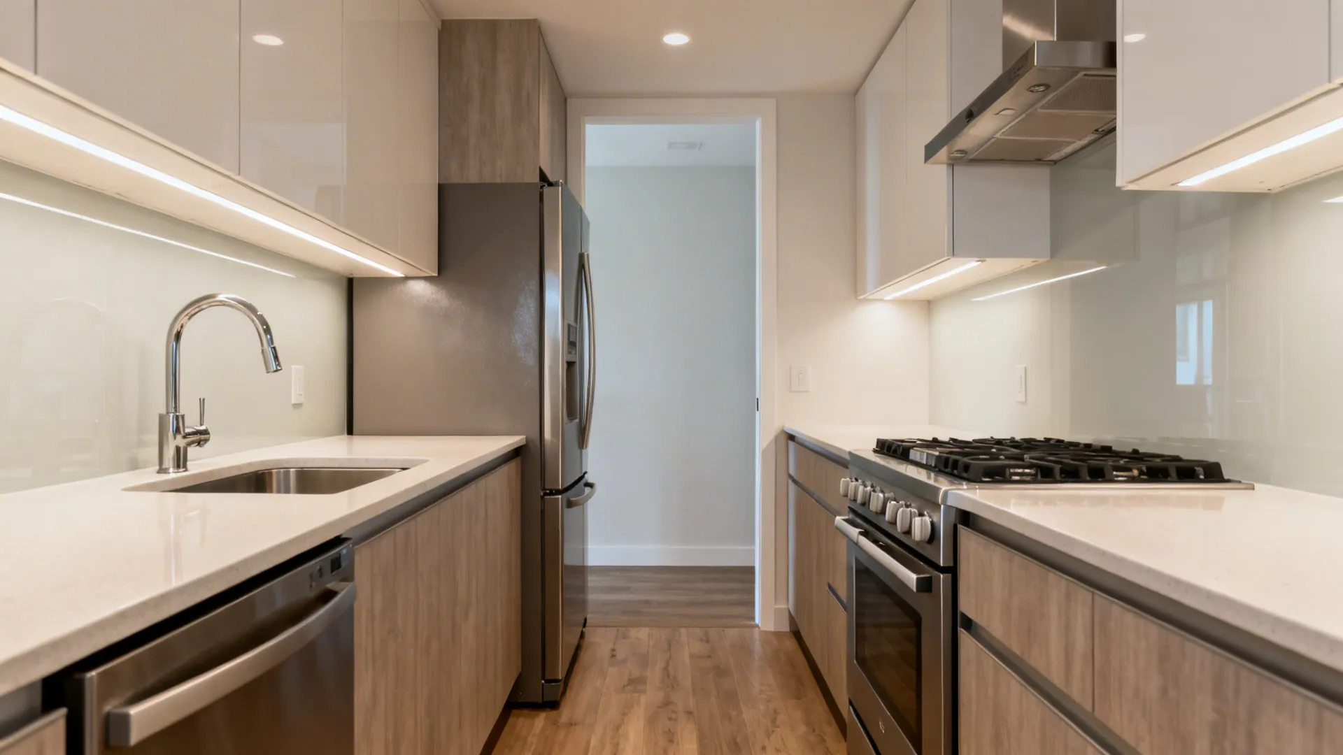 Small narrow kitchen with light wood cabinets white countertops gas stove sink and wood flooring