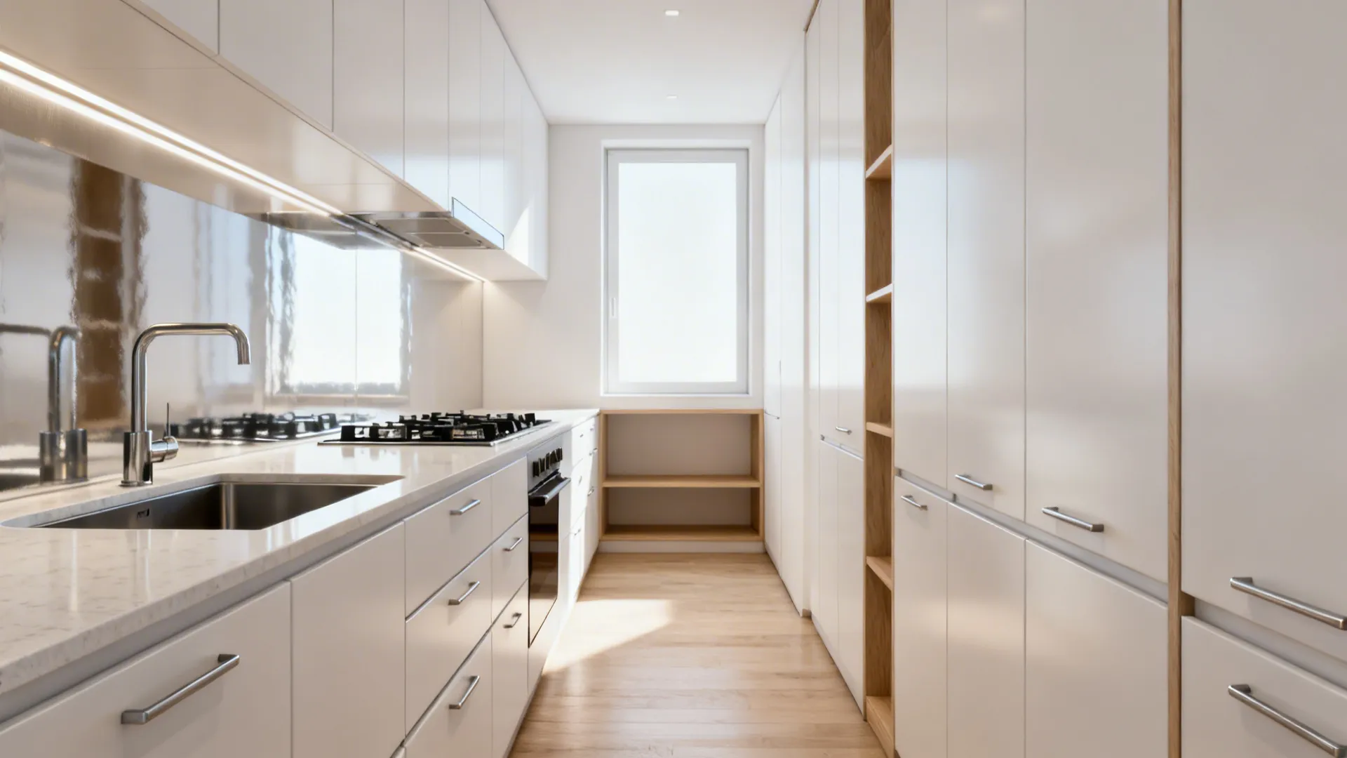 Narrow galley kitchen with offset sink and cooktop, reflective backsplash, and a clear 40-inch aisle.