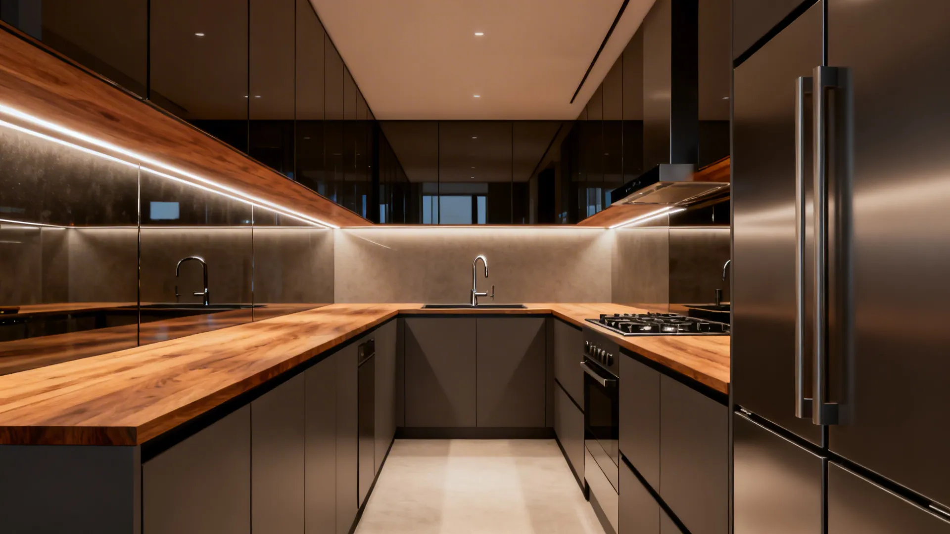 Narrow galley kitchen with 1.2m clearance, slim cabinets and reflective backsplash with under-cabinet LEDs