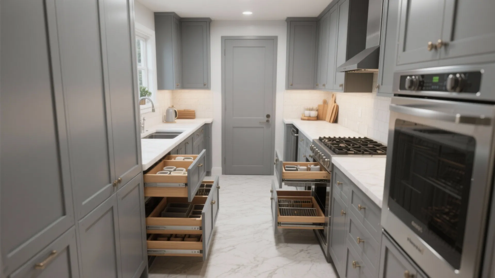 Modern grey kitchen with open drawers showing smart storage solutions for plates and cooking tools