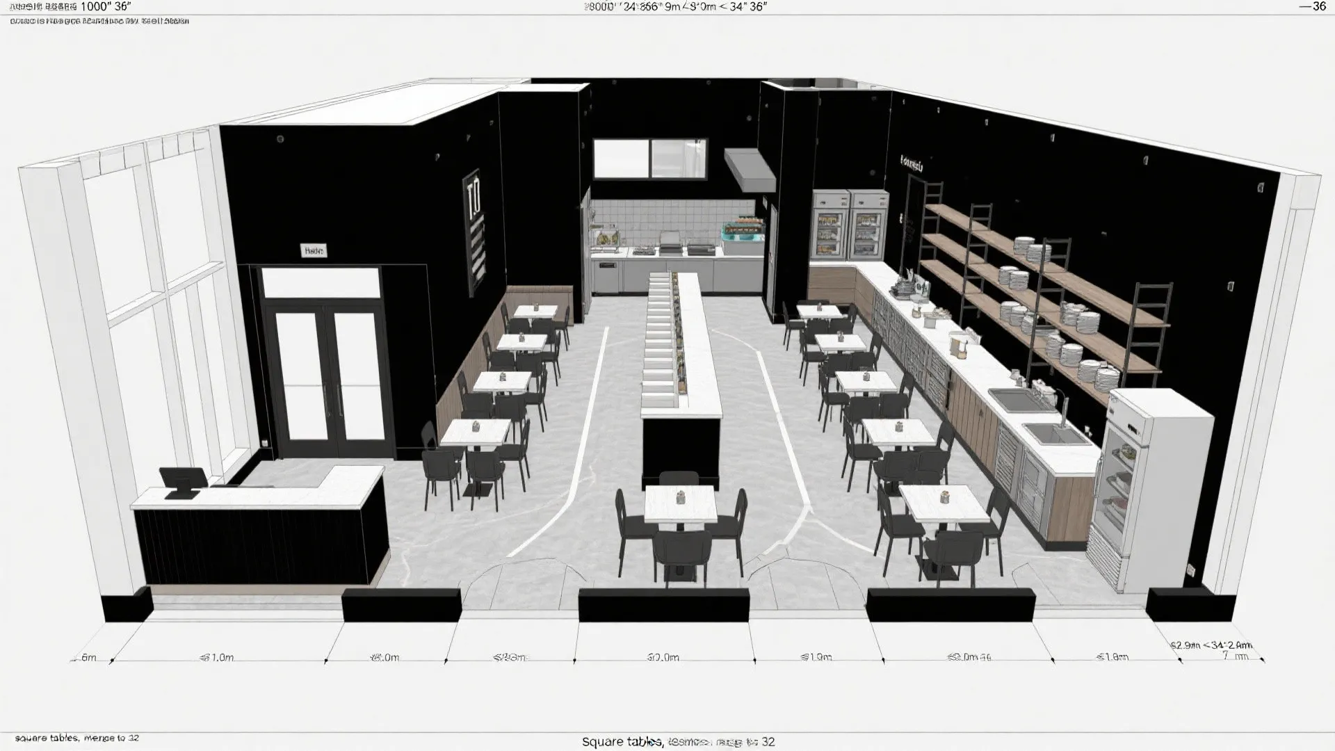 Top-down CAD plan of central galley spine with split service flow