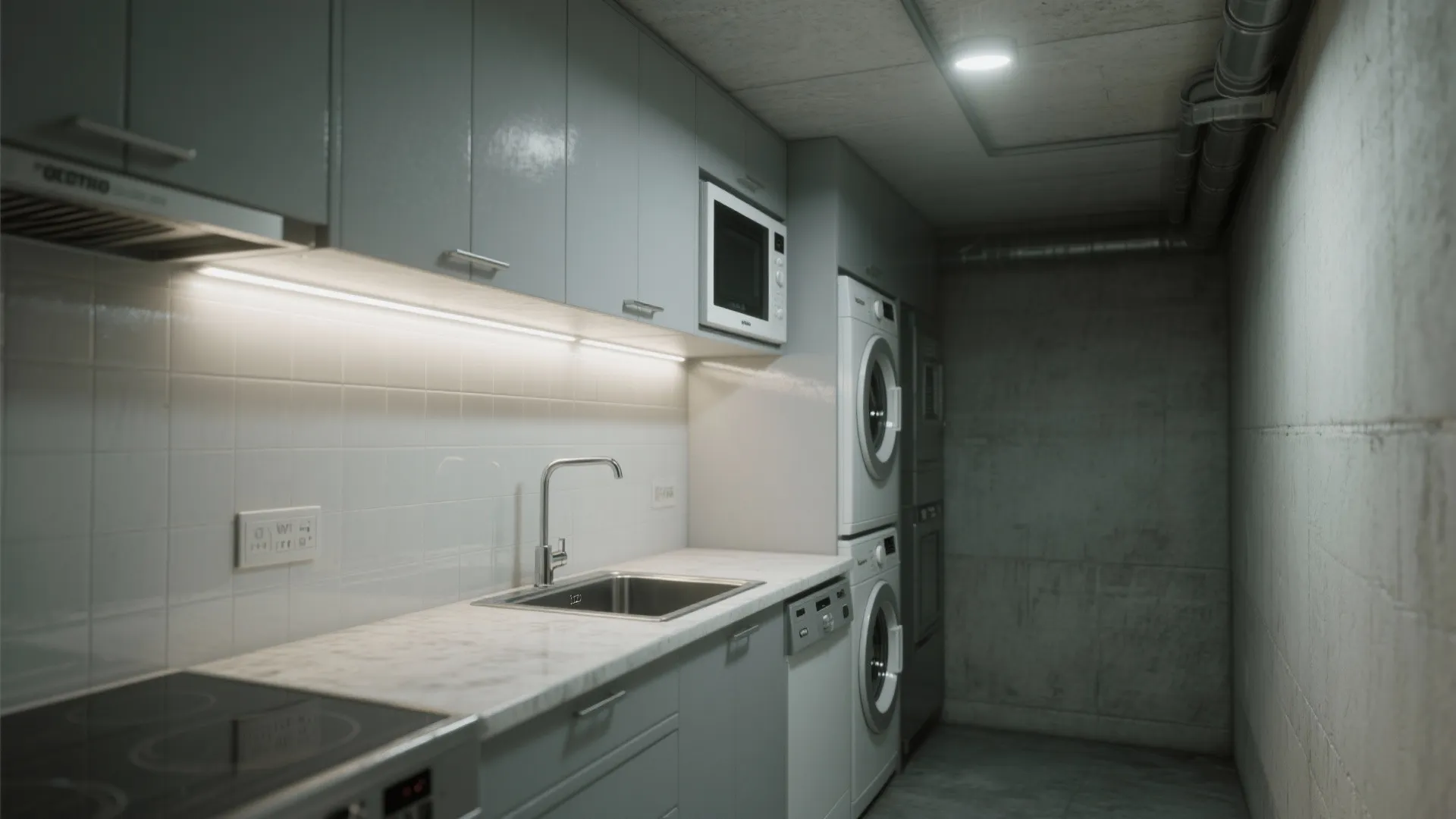 Single-wall galley basement kitchenette with stacked laundry and appliance units and slim dishwasher.