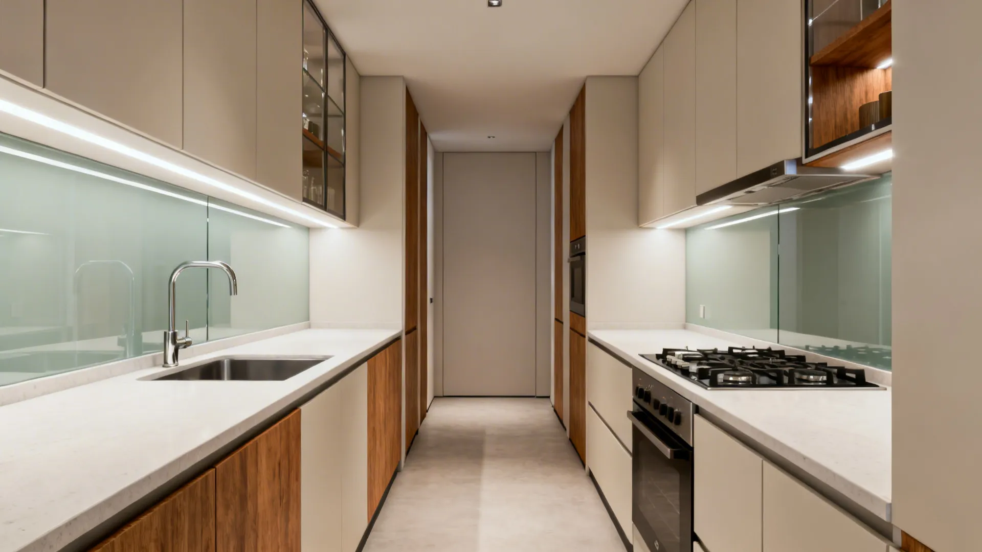 Narrow galley kitchen with staggered sink and cooktop creating micro-zones and a clear 40–44 inch aisle.