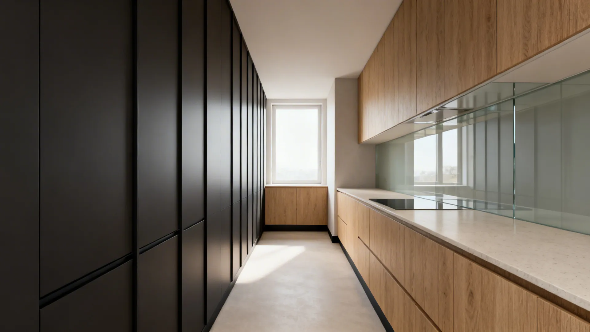 Minimalist galley kitchen with a full-height handleless pantry wall and glass backsplash.