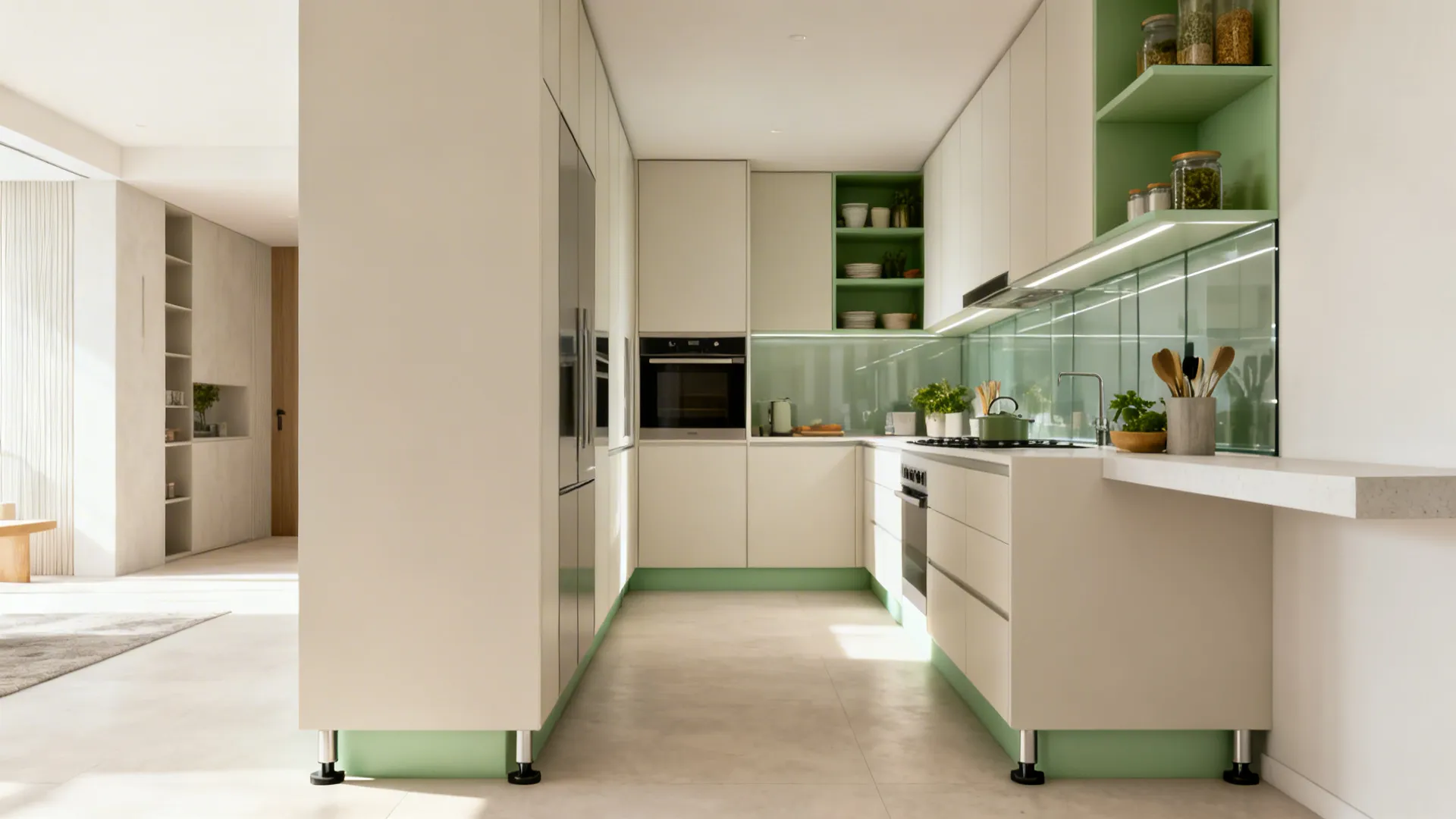 Narrow galley with a tall storage wall opposite a lighter run with a glass backsplash and ledge.