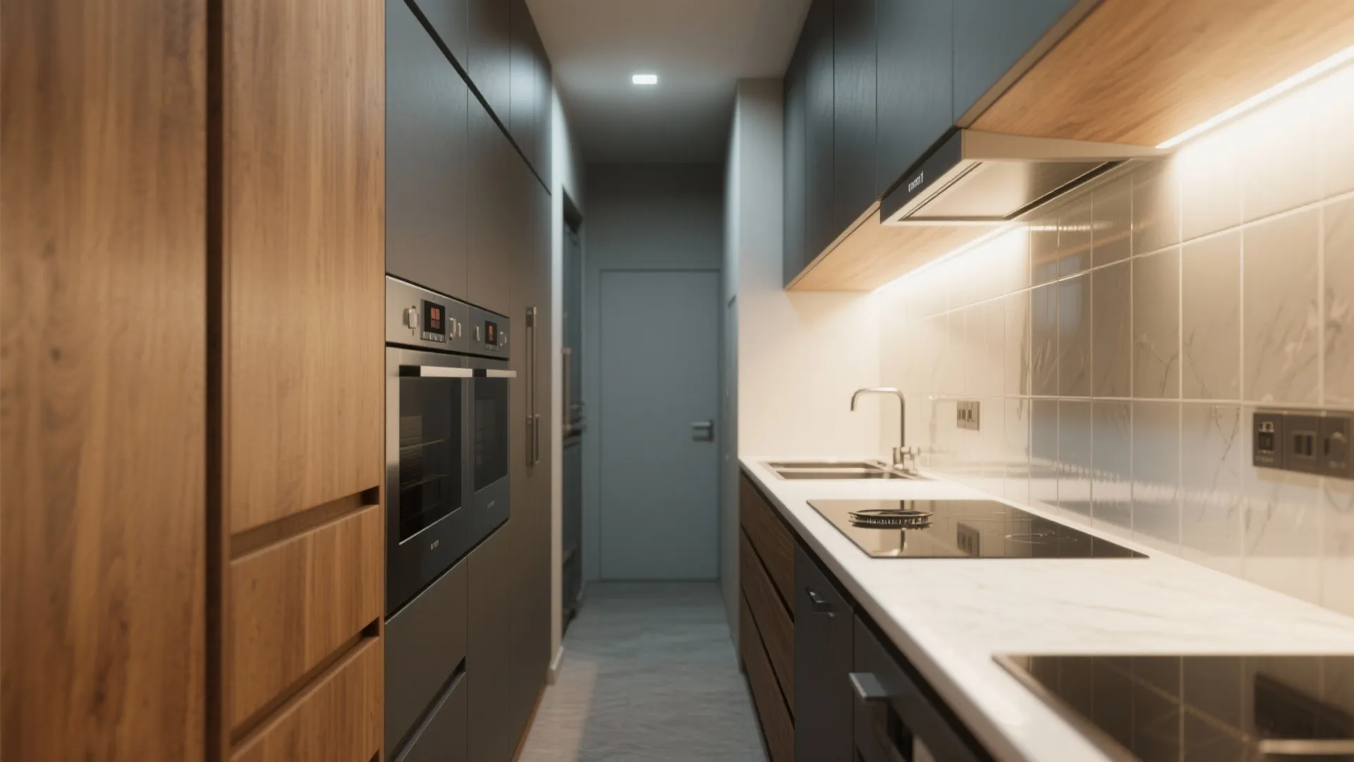 2. Compact galley kitchen with tall storage