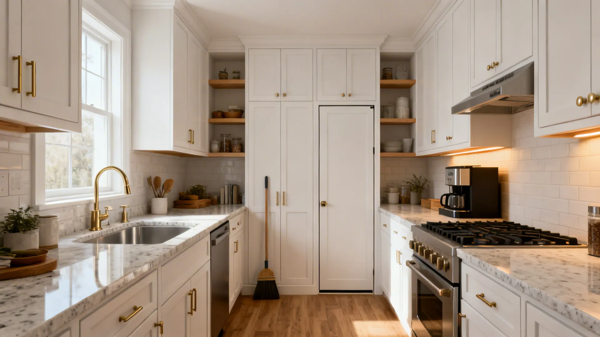 Bright galley 12x12 kitchen with a tall pantry wall and open shelves near the window.