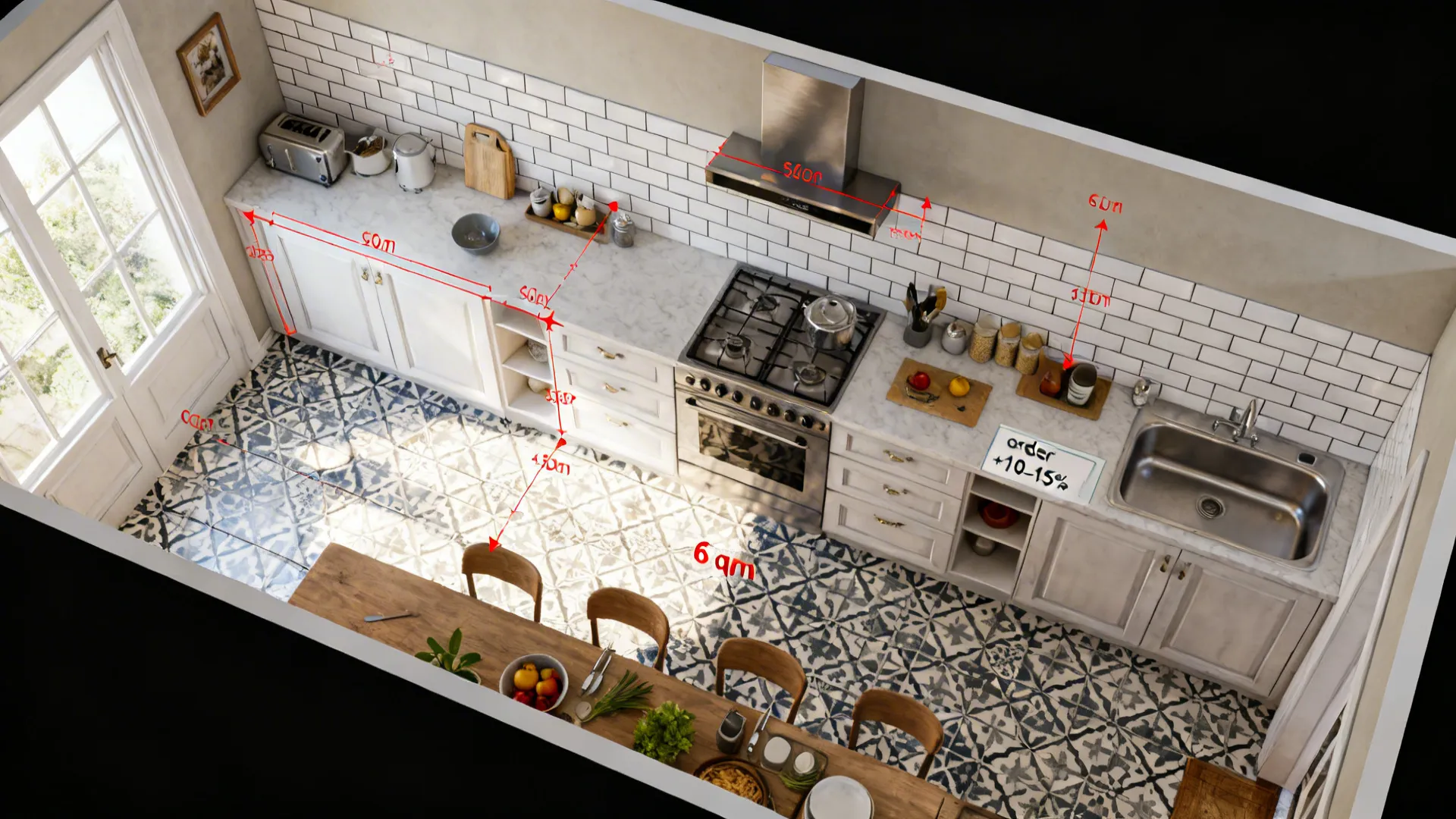 Top-down 3D planner view of a 6 sqm galley kitchen using patterned tiles on the lower backsplash and subway tiles above, with ordering notes.