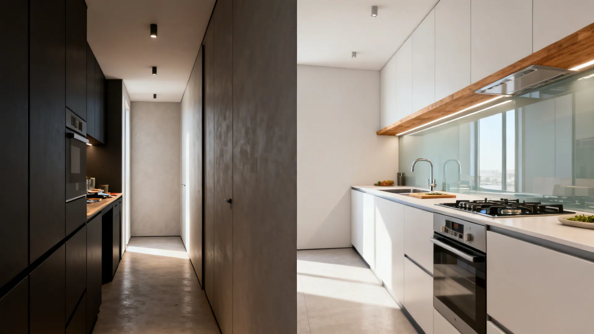 Before-and-after split showing a dark galley converted into a bright compact L-shaped kitchen.