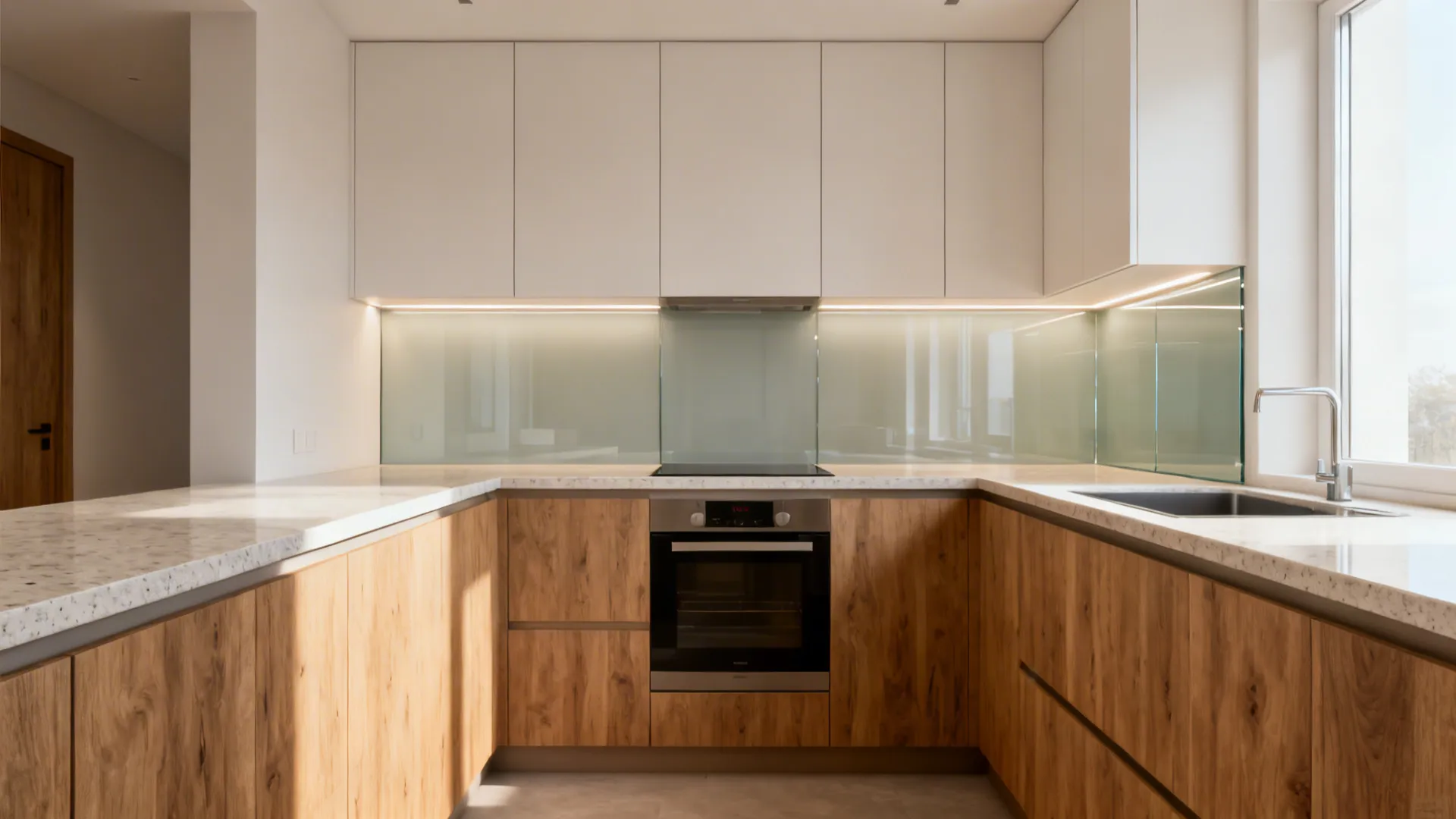 Before-and-after of a cramped galley turned into a bright compact L-shaped kitchen.