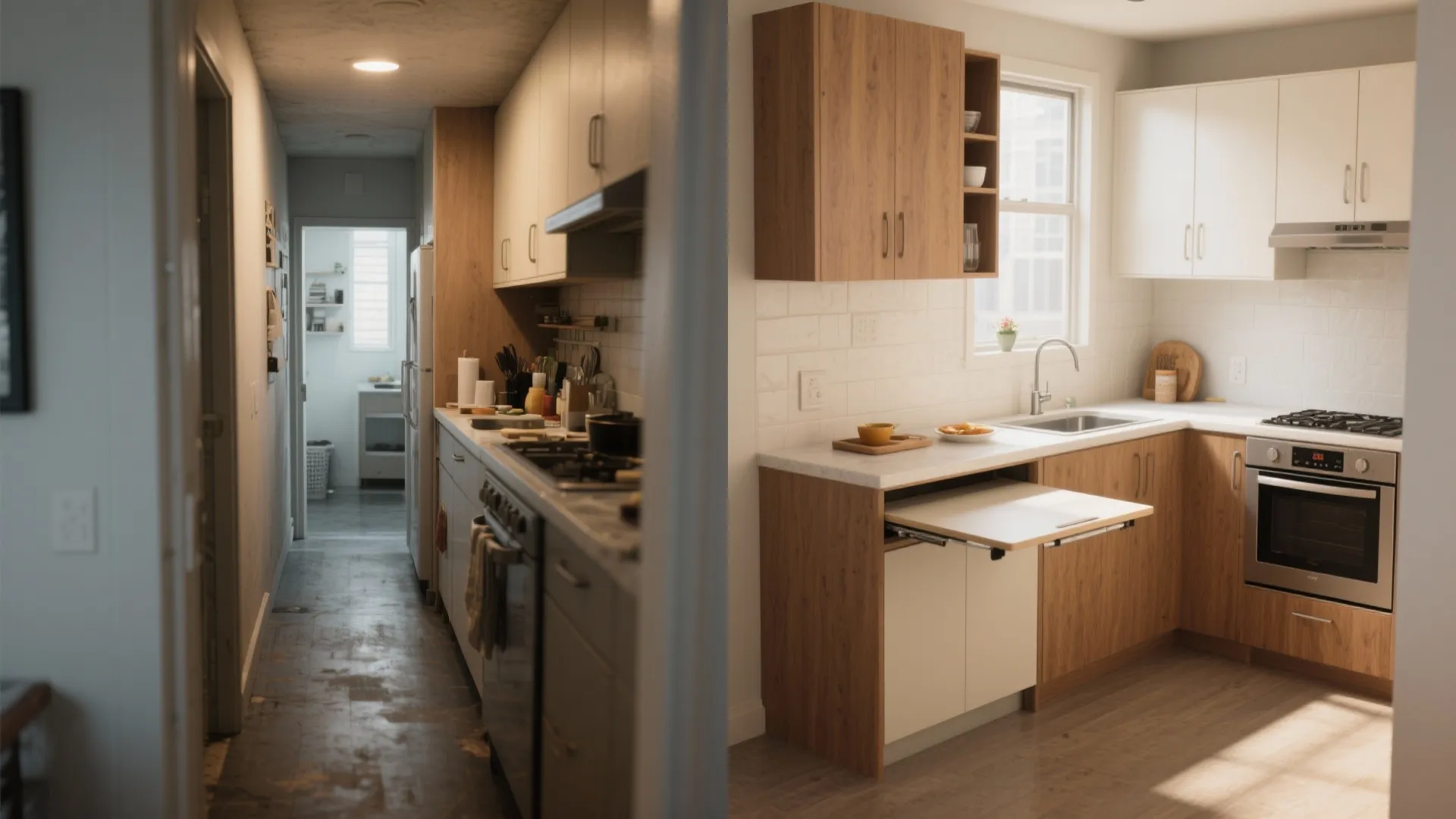 4. Rework the flow: narrow galley to efficient L-shape with a folding counter