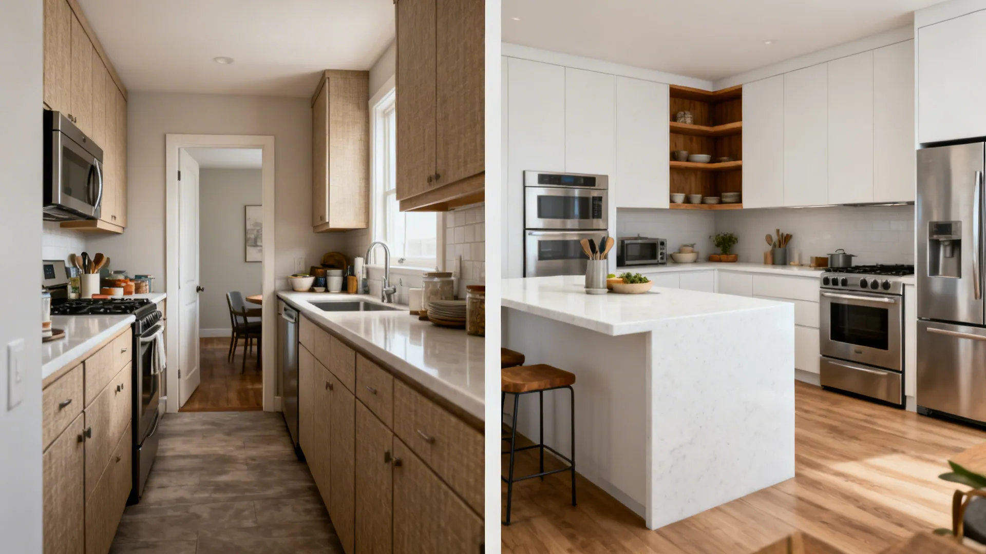 Before-and-after comparison from galley to L-shaped small kitchen with more counter space.