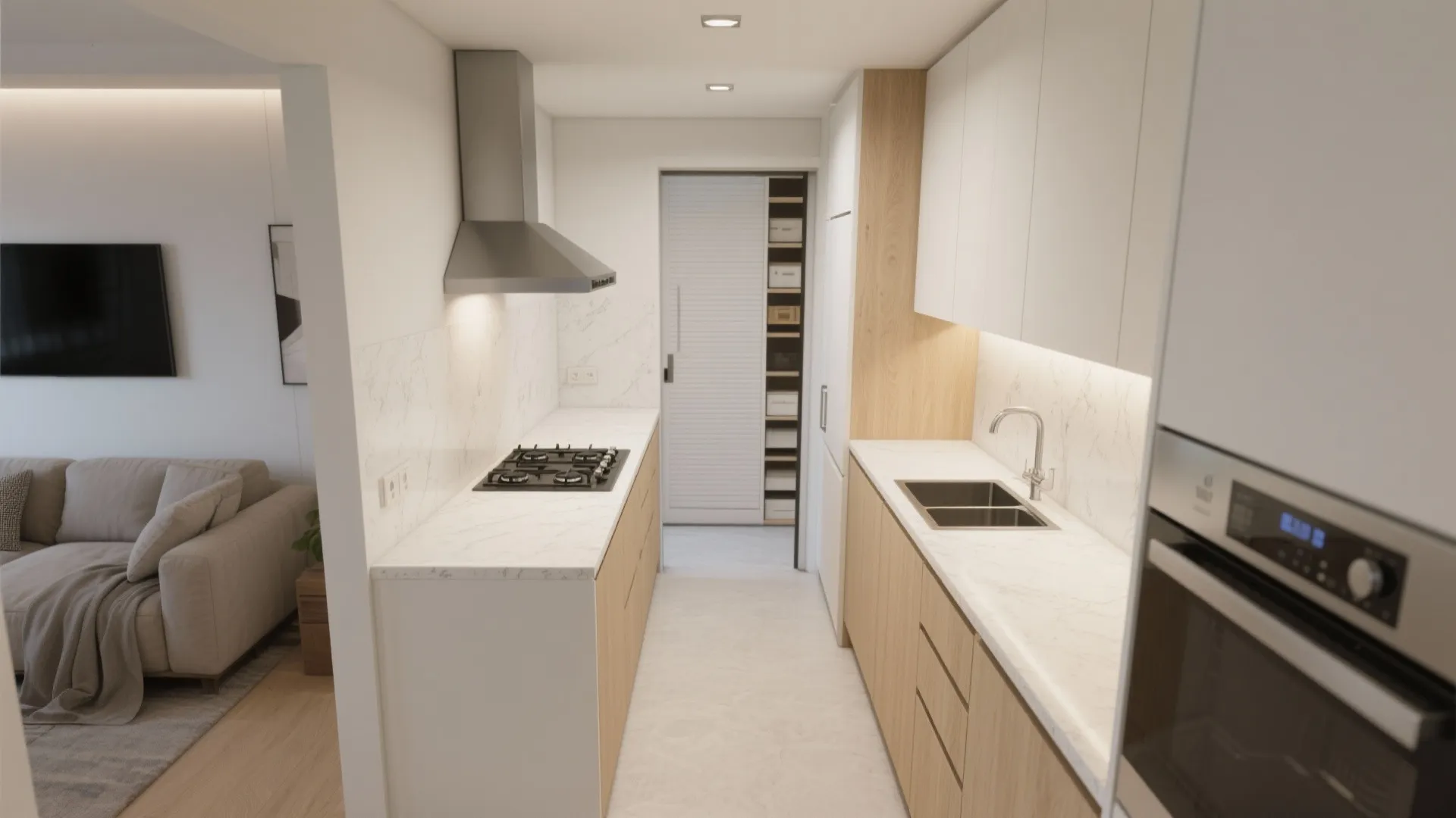 Galley Kitchen with Sliding Pocket Doors