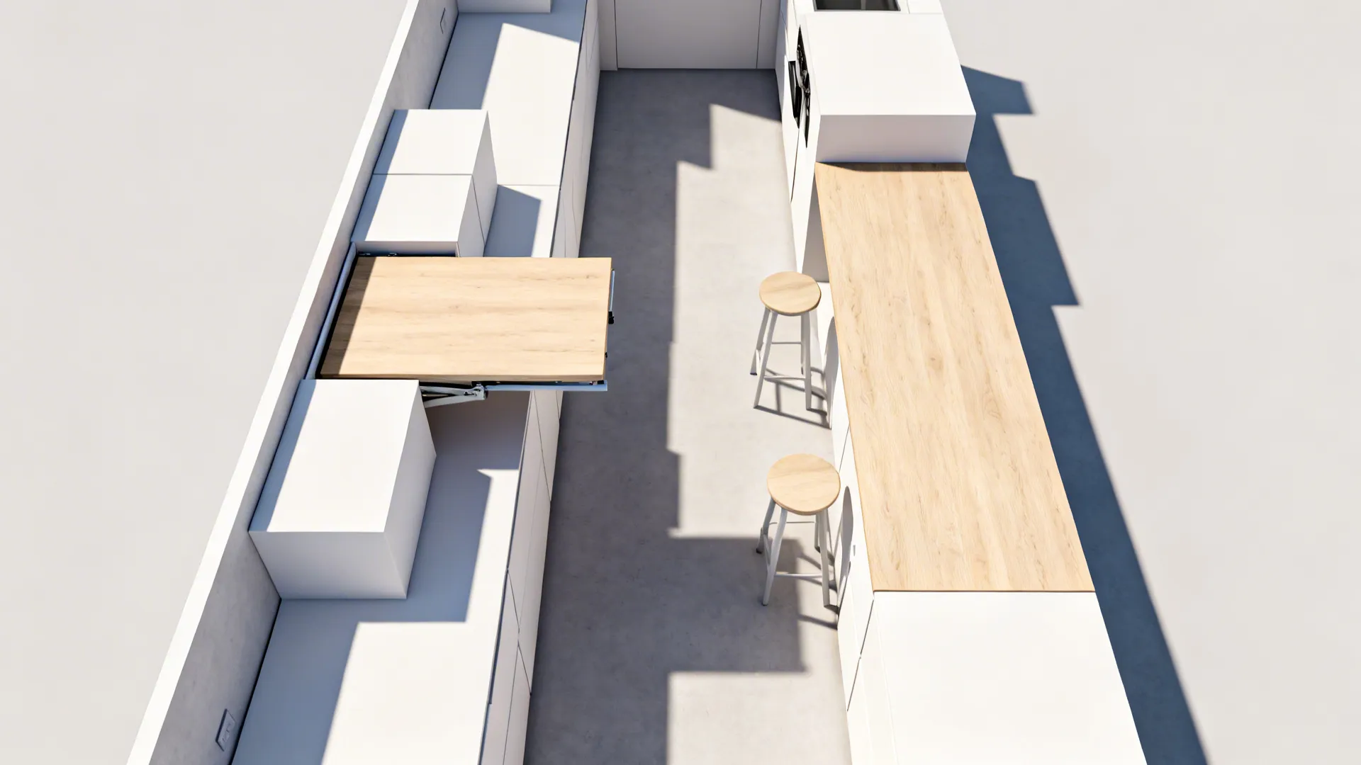 Top-down view of a galley kitchen showing a fold-down table open and closed with clear circulation.