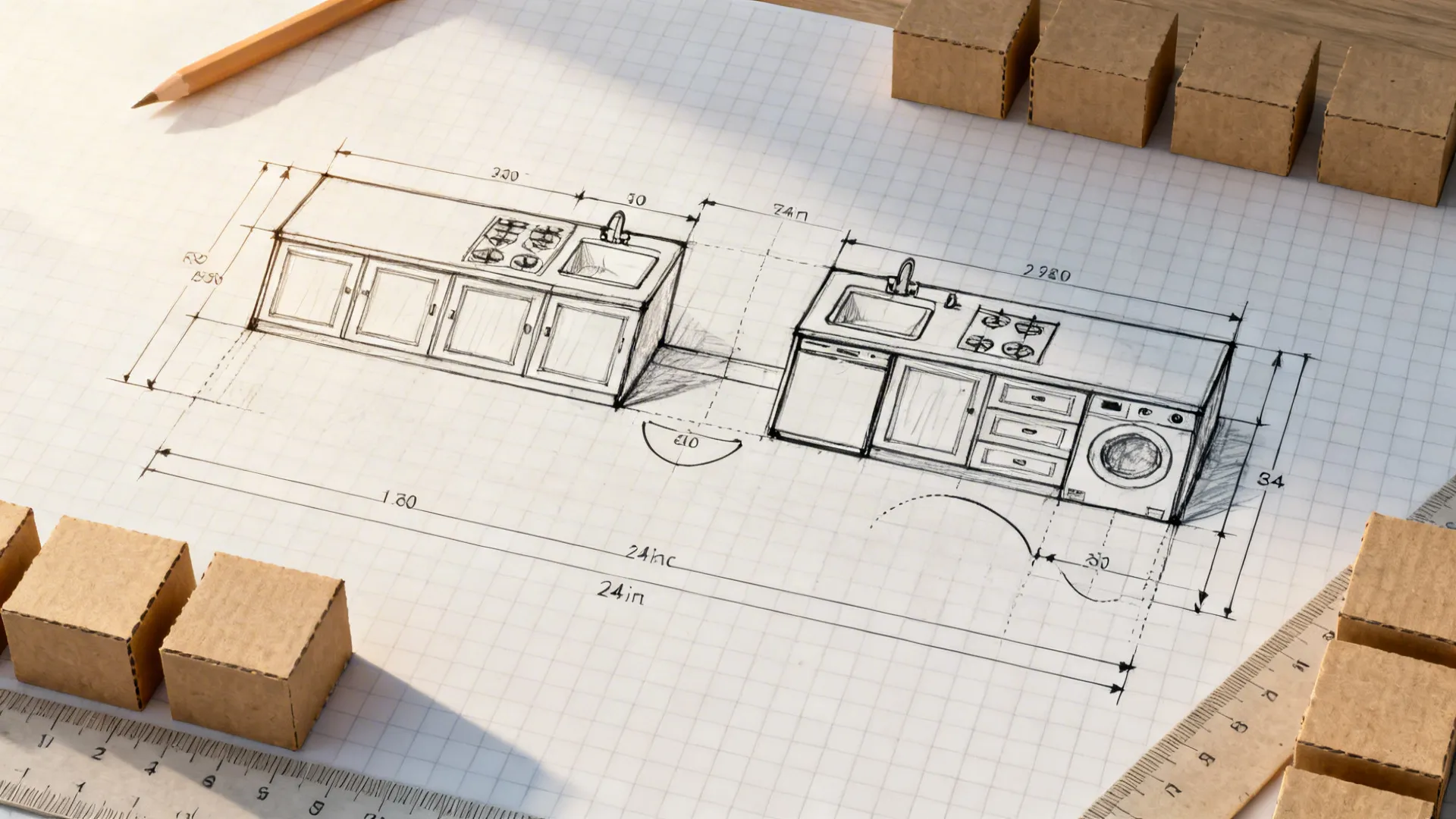 Top-down graph paper sketch of a galley kitchen with marked door swing arcs and offset zones.