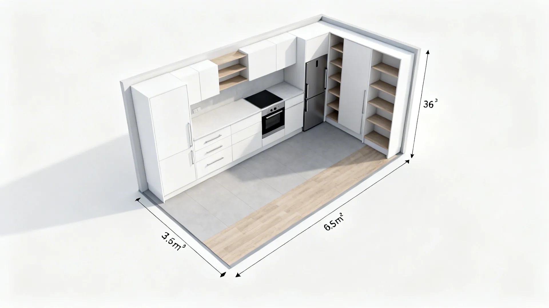 Top-down view of a minimalist galley kitchen showing base drawers, slim pantry, and clear walkways.