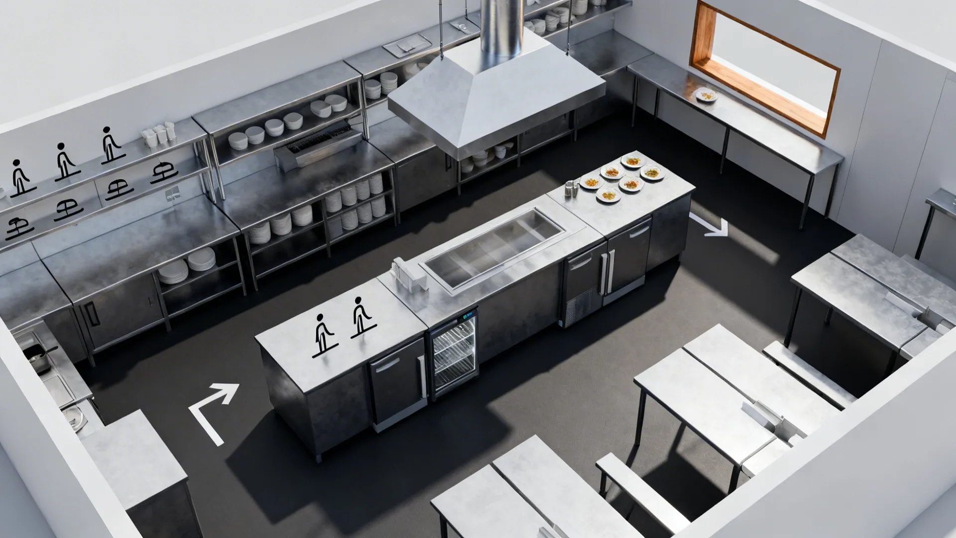 Top-down view showing linear prep, cook, plate, and pass zones in a compact galley.