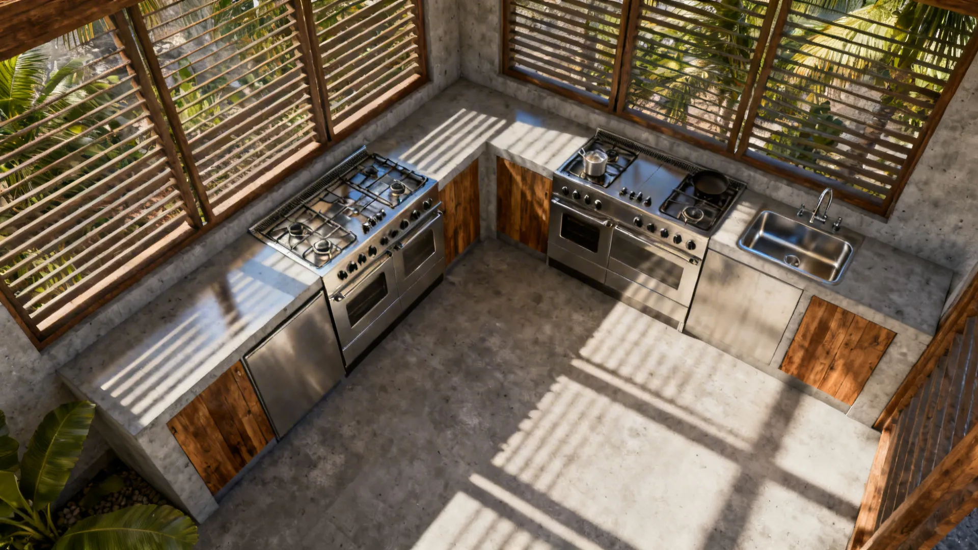 Top-down layout of a semi-outdoor galley with louvers aligned for cross-ventilation.