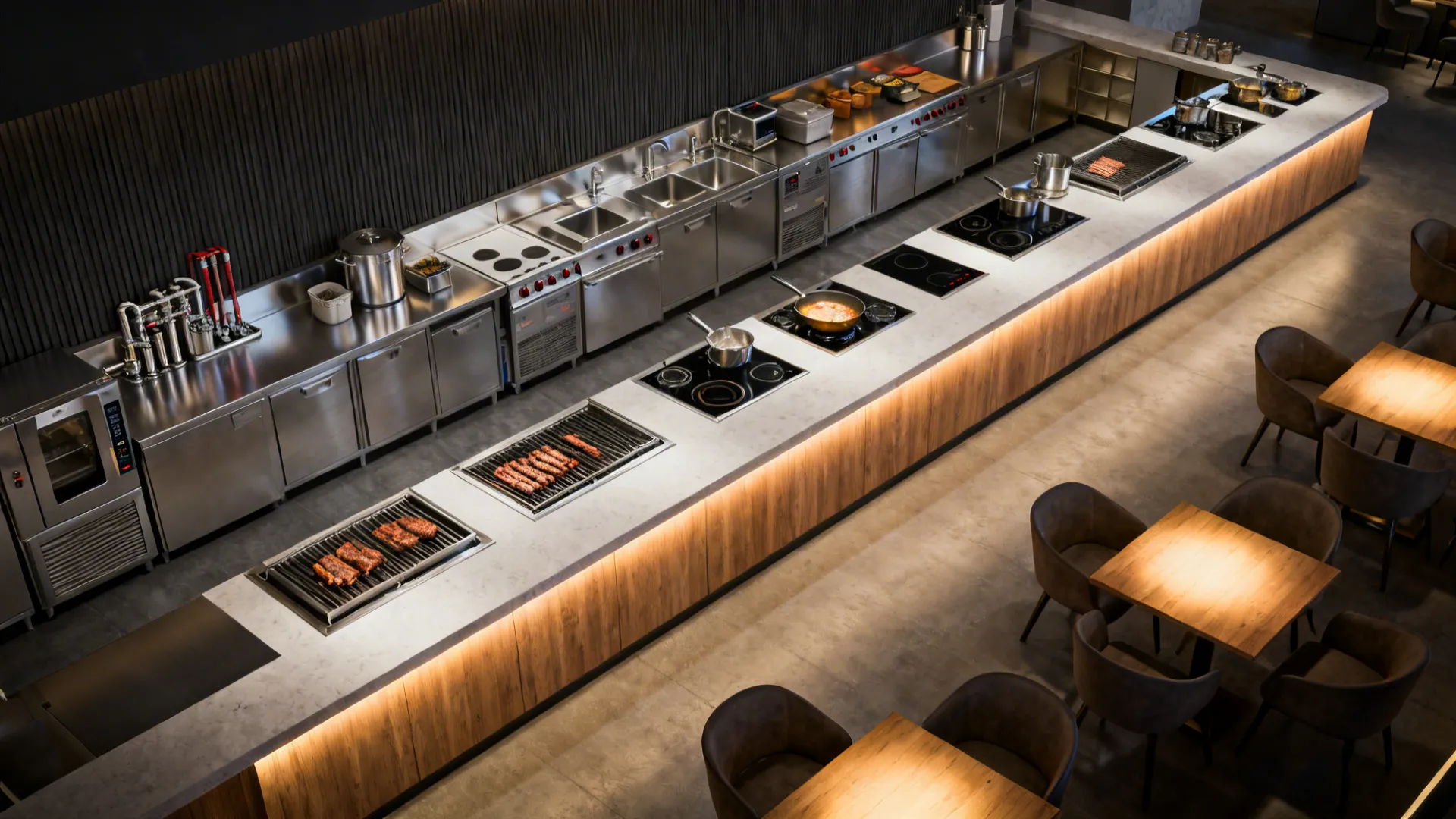 Top-down view of a galley cookline and chef’s counter with sequential stations and a clear central aisle.