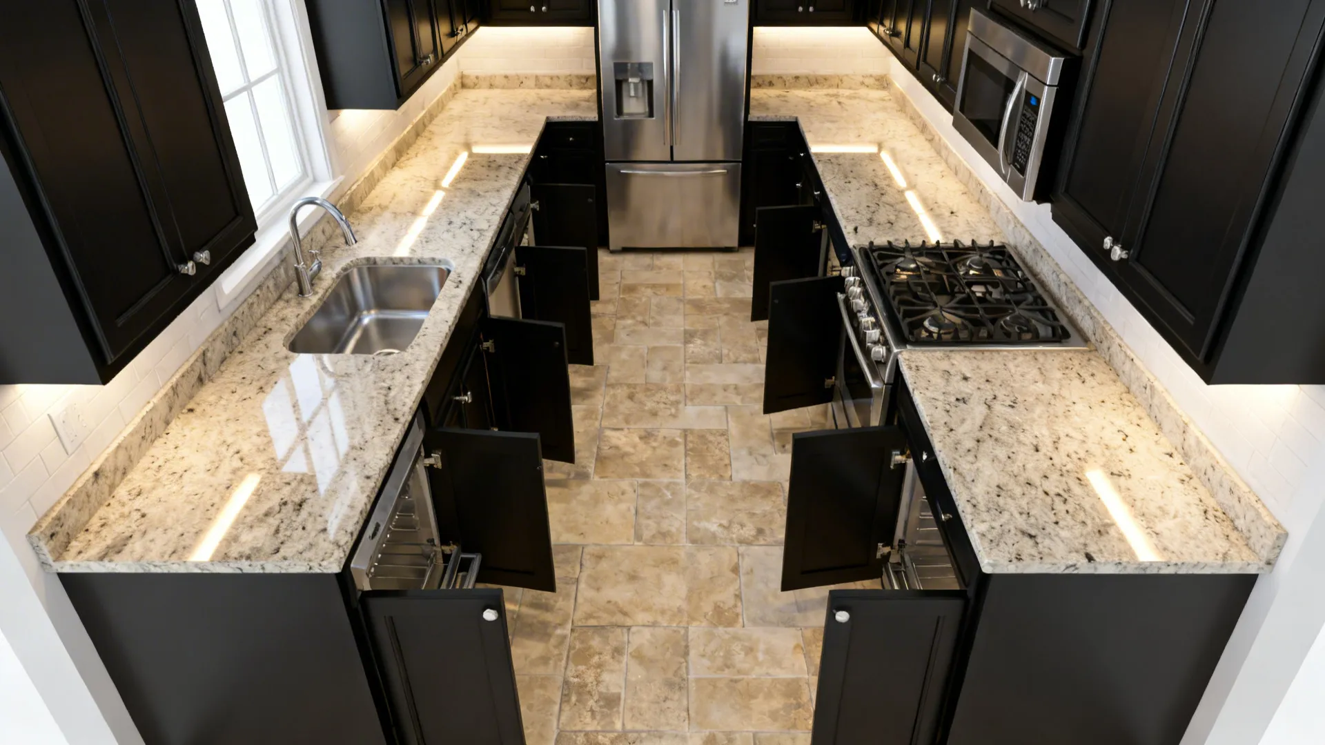 Top down kitchen view showing black cabinets with open doors marble countertops and tiled floor