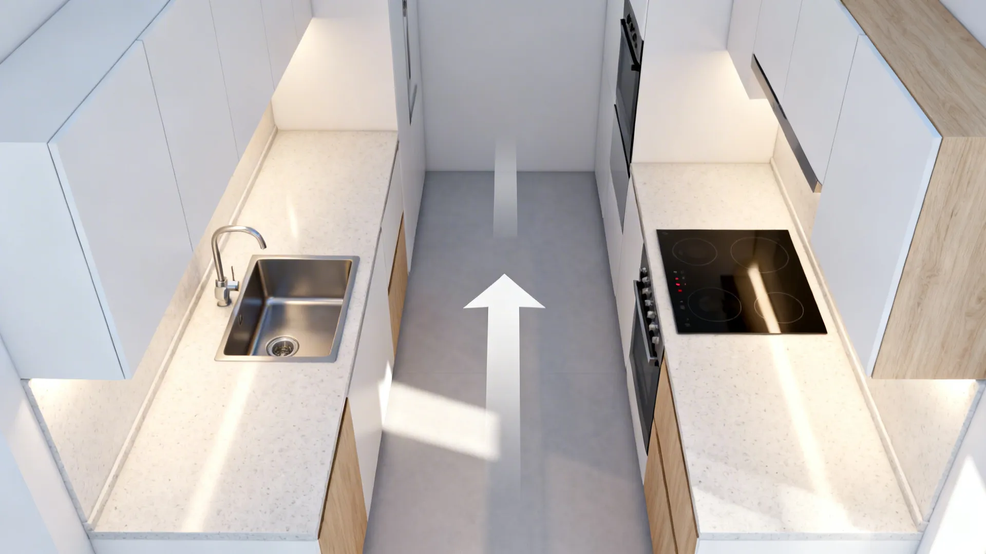 Top-down view of a compact galley kitchen showing staggered sink and cooktop with a clear 40–44 inch aisle.