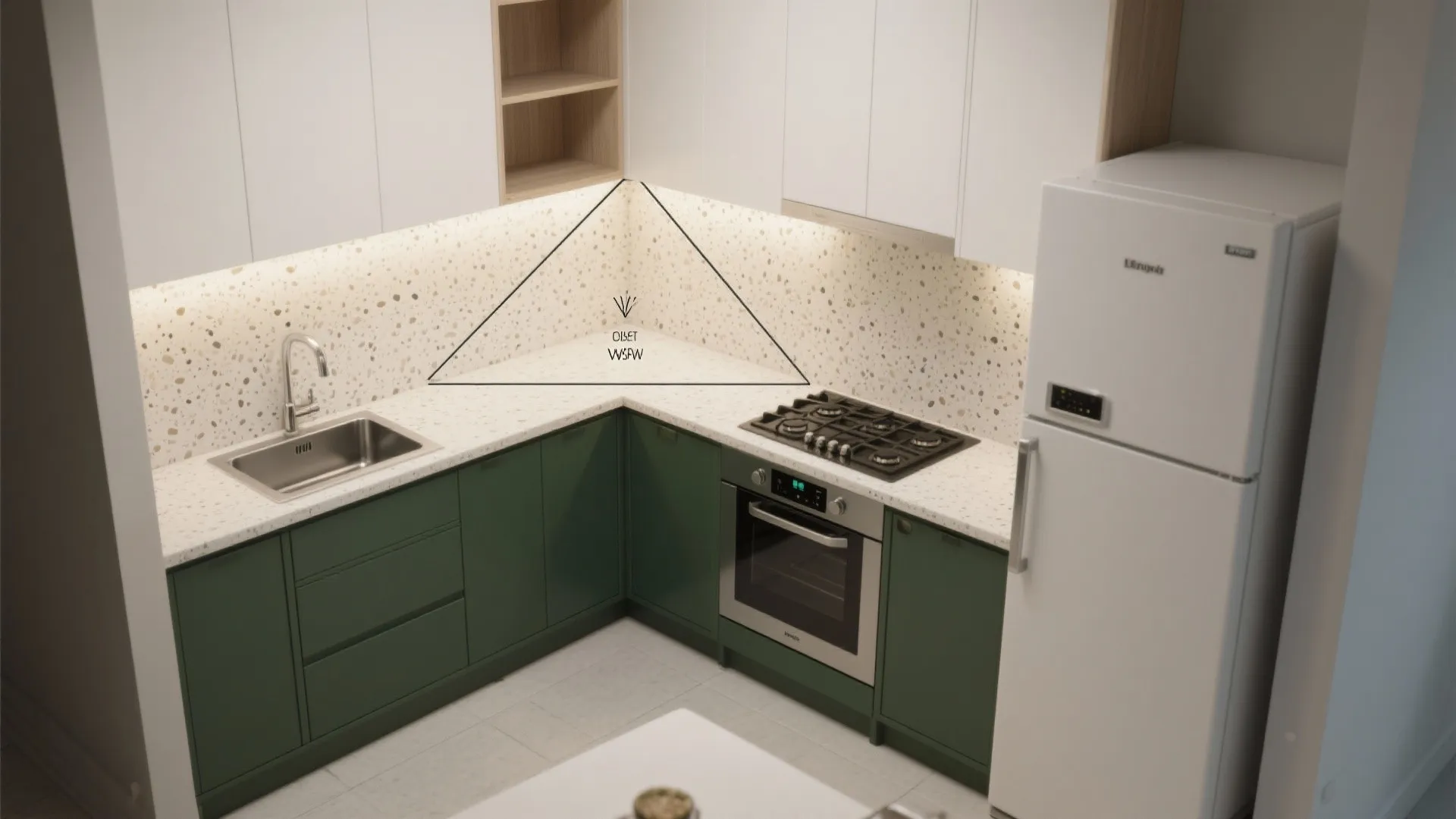 Modern kitchen with green lower cabinets white upper cabinets white fridge sink oven and stove top