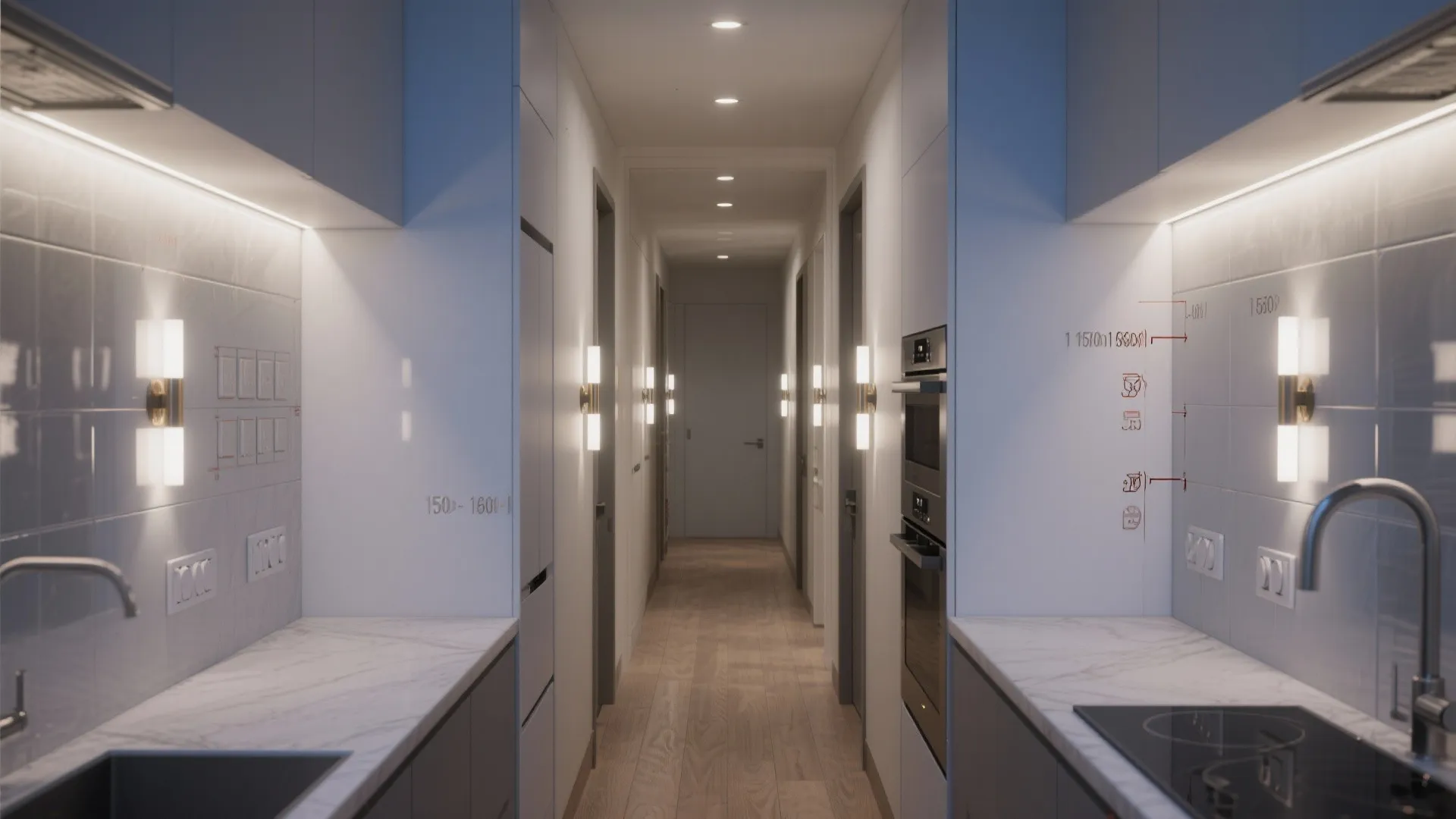 5) Corridor Kitchens: Even Ambient, No Glare
